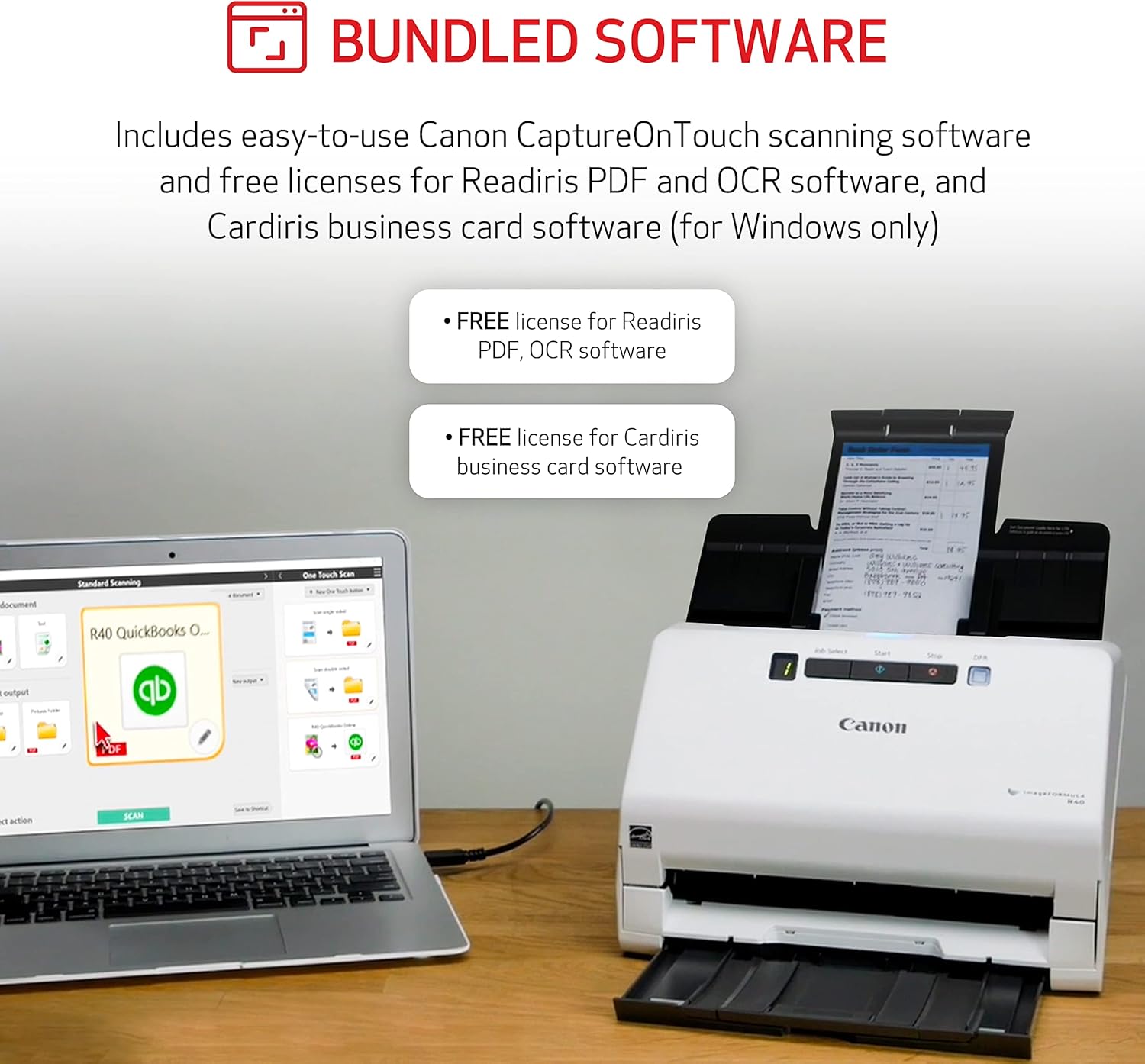 Canon imageFORMULA R40 Office Document Scanner Receipt Edition, for PC and Mac, Scan & Extract Data to QuickBooks Online, Color Duplex Scanning, Auto Document Feeder, Easy Setup for Office Or Home Use - Lumora Desk