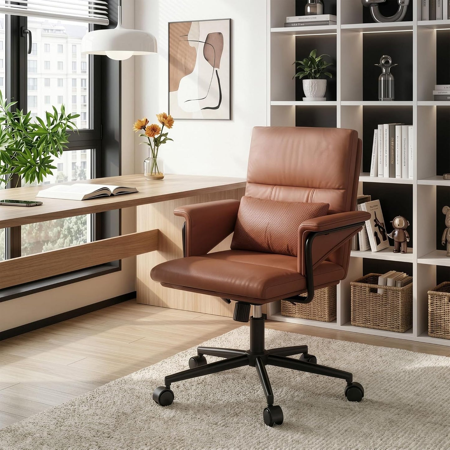 Leather Office Chair, Mid Back Ergonomic Desk Chair with Lumbar Support, Modern Computer Chair with Padded Armrest &Wheels, Height Adjustable Swivel Chair with Tilt Lock (Brown)