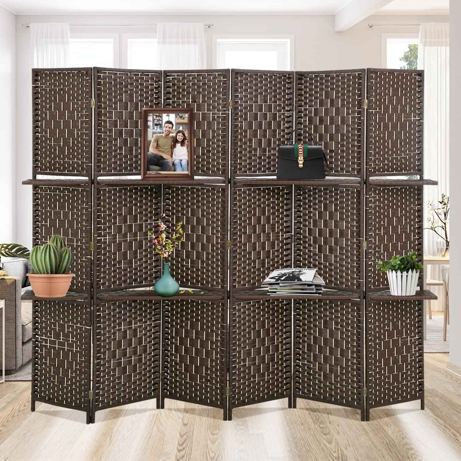 Room Divider and Folding Privacy Screens, 6 Panel Wall Wood Folding Screen Partitions with Removable Storage Shelves, 6FT Divider Freestanding Partition for Home Office Bedroom, Brown