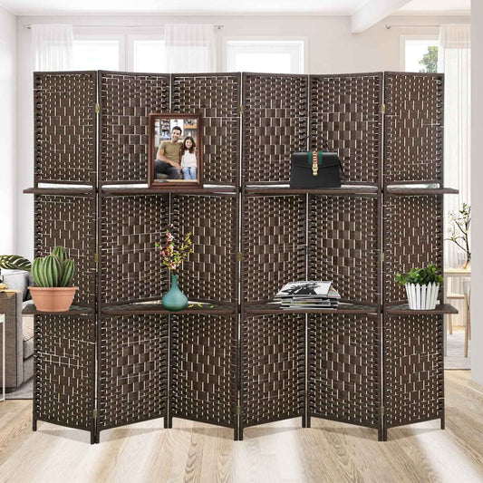 Room Divider and Folding Privacy Screens, 6 Panel Wall Wood Folding Screen Partitions with Removable Storage Shelves, 6FT Divider Freestanding Partition for Home Office Bedroom, Brown
