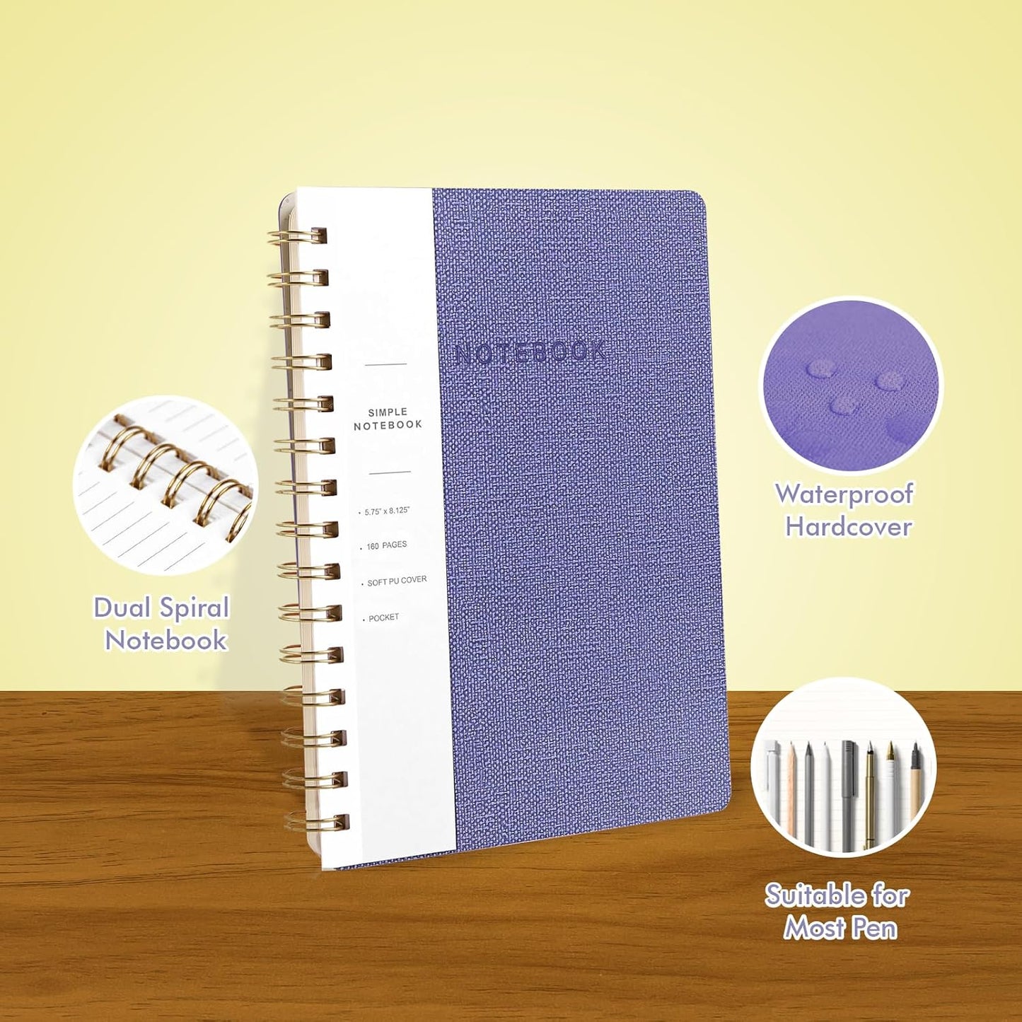Lined Spiral Notebook College Ruled A5 Journal Book for Note Taking, 160 Pages Writing Journal for Office and Home School Supplies 5.75x8.125 inch (3pack-Brown/Khaki/Violet)