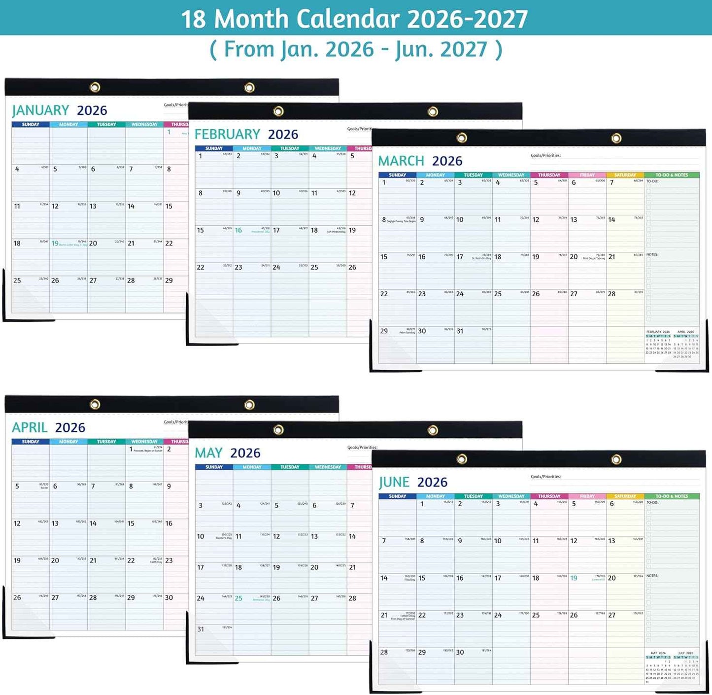 Desk Calendar 2026-2027 – Jan 2026 - Jun 2027, 18 Monthly Desk Calendar 2026-2027 Large, 17’’ x 12’’, 2026 Desk/Wall Calendar with To-do Lists, Desk Pad, Ruled Blocks, Corner Protectors