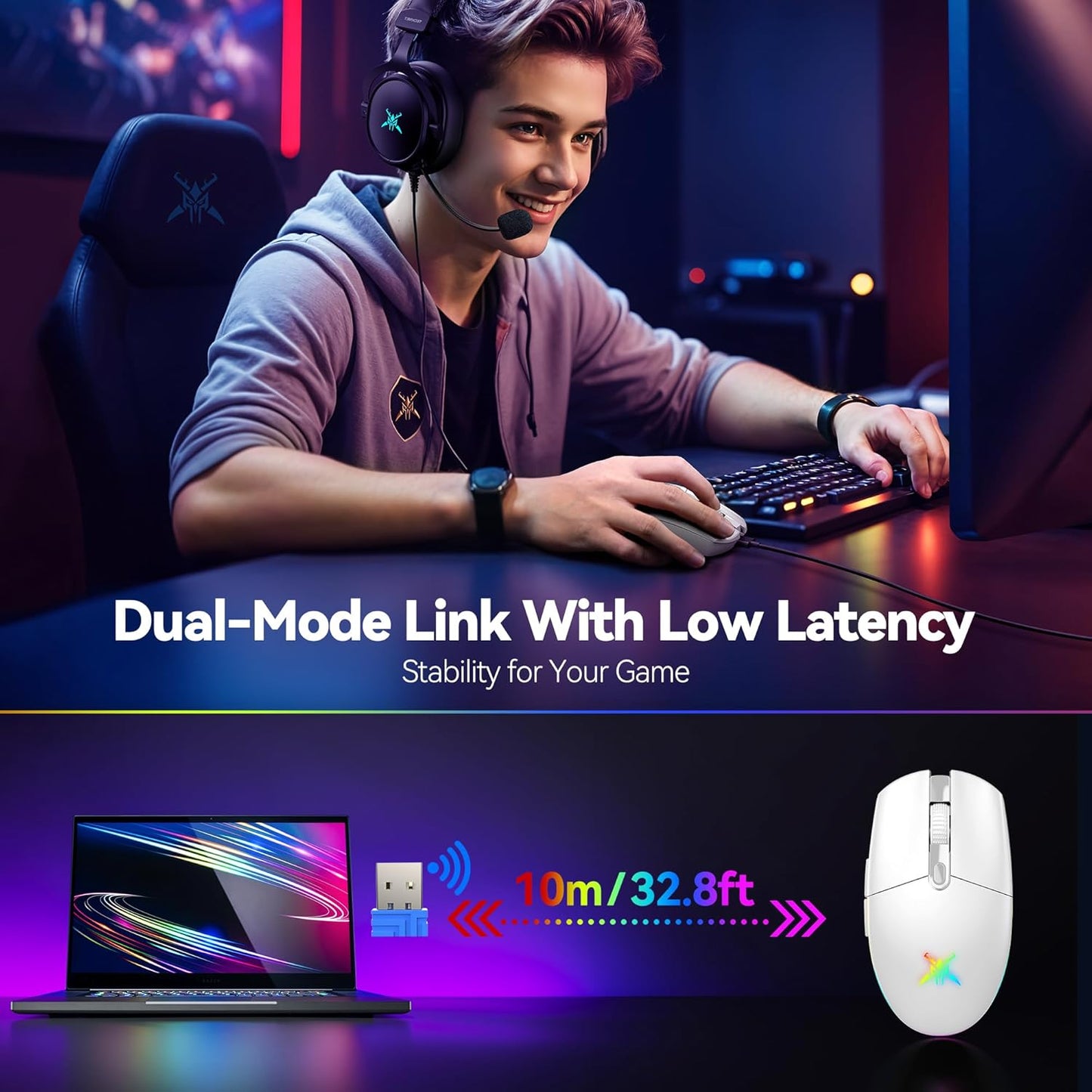 TECKNET Wireless Gaming Mouse - 8000 DPI, RGB Backlit, 6 Programmable Buttons, 100Hrs Battery Life, Dual Mode [2.4G & USB-C] for Laptop,PC,Mac - White