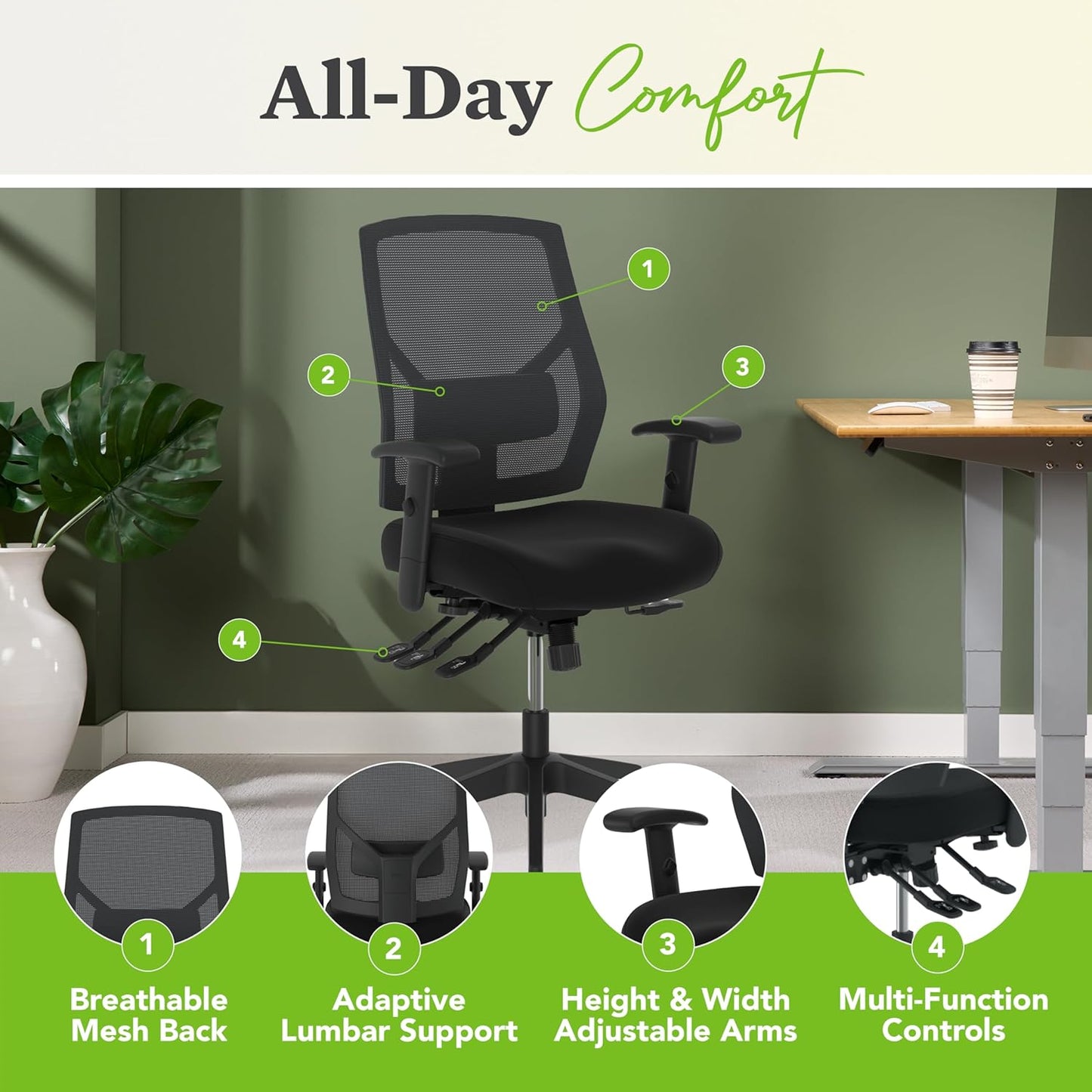 HON Crio High Back Office Chair, Ergonomic Office Chair with Adjustable Arms and Back Support, 360 Swivel, ASynchro-Tilt Recline, Black