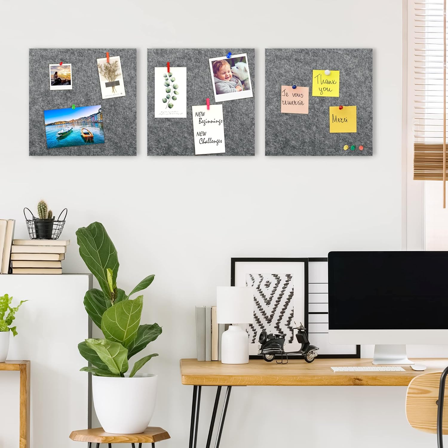 AKTOP Cork Bulletin Board 12x12, 1/2" Thick Felt Cork Board Tiles 12 Pack, Small Square Pin Board for Wall, Self Adhesive Corkboards with 120 Push Pin Wood Clips for School, Home & Office, Grey - Lumora Desk
