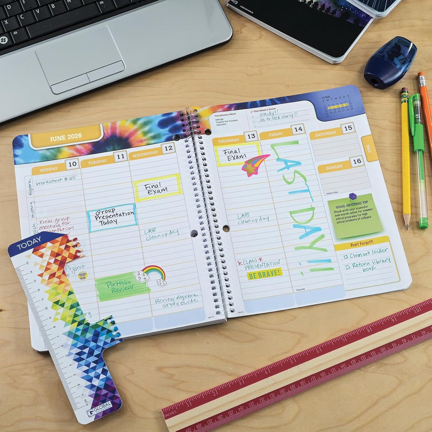 Global Datebooks Dated Middle School or High School Student Planner for Academic Year 2025-2026 Includes Ruler/Bookmark and Planning Stickers (Matrix Style - 7"x9" - Halftone Blue)