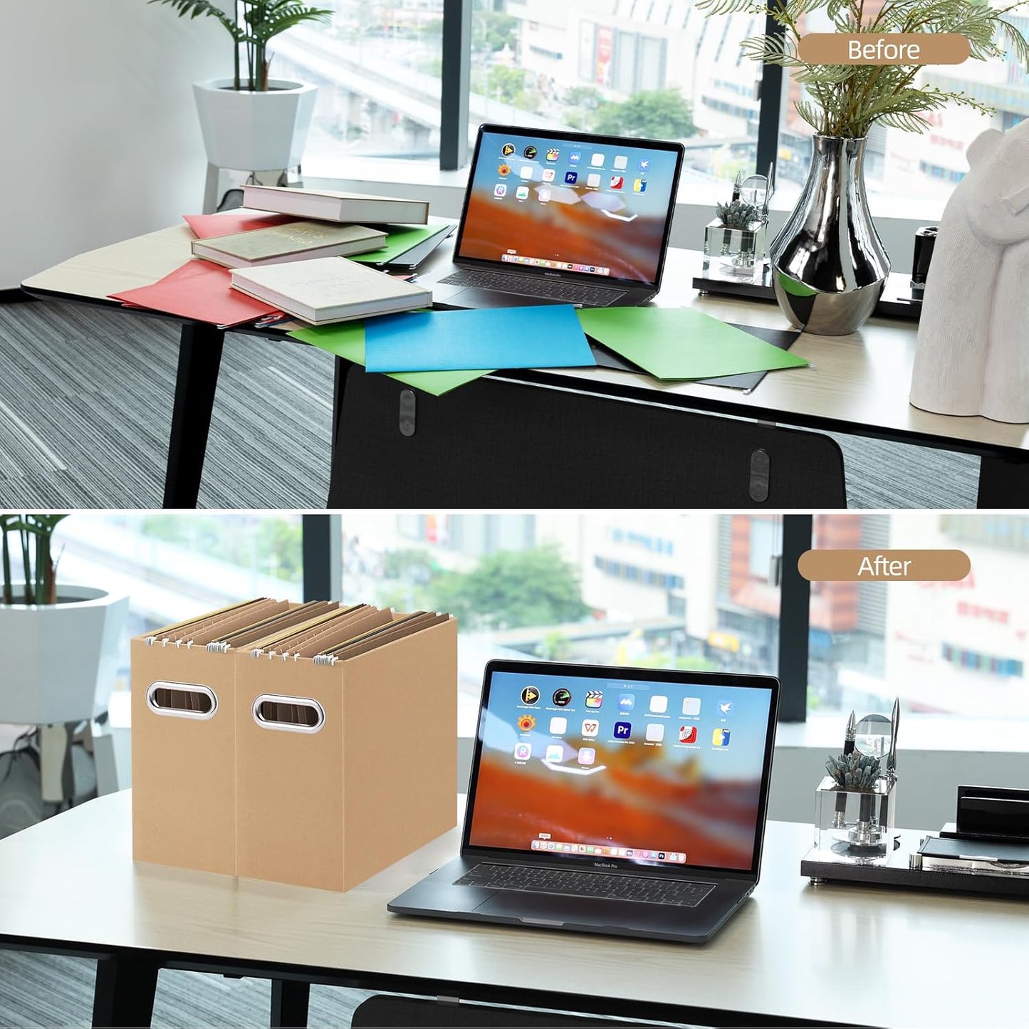 Oterri File Organizer, 2 Packs Small Storage Box, Cardboard File Folder Organizer, Collapsible File Box for Hanging File Folders Letter Size, Portable Filing Organizer with Handle (Brown)