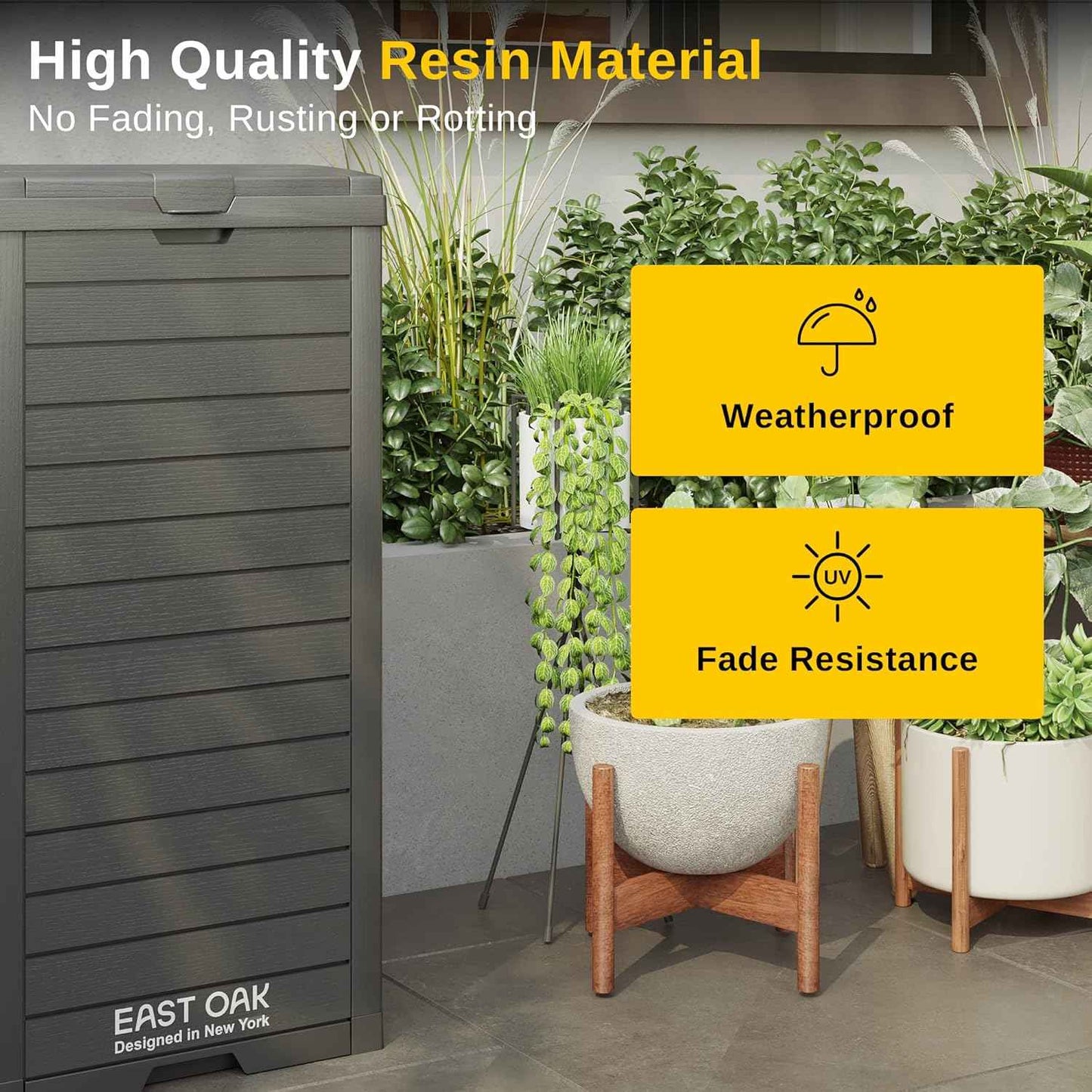 EAST OAK 38 Gallon Outdoor Trash Can | Waterproof Resin Garbage Can with Tiered Lid & Drip Tray | Outside Trash Bin for Patio | Kitchen, Backyard & Deck | Gray Color