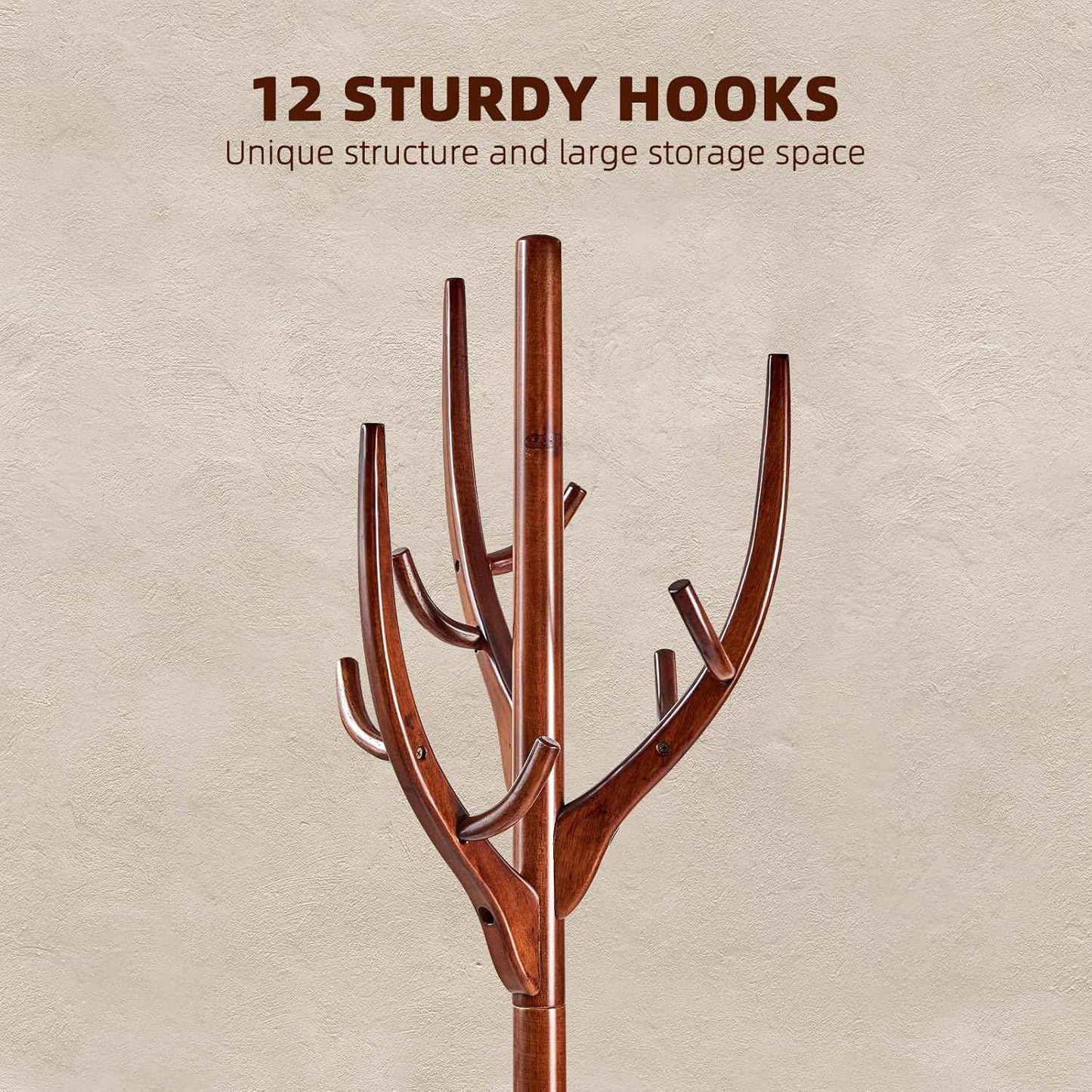 Uniclinens Coat Rack Freestanding Solid Wood Coat Tree Standing with 12 Hooks, Coat Rack Stand Creative Tree Branch-look (Walnut)