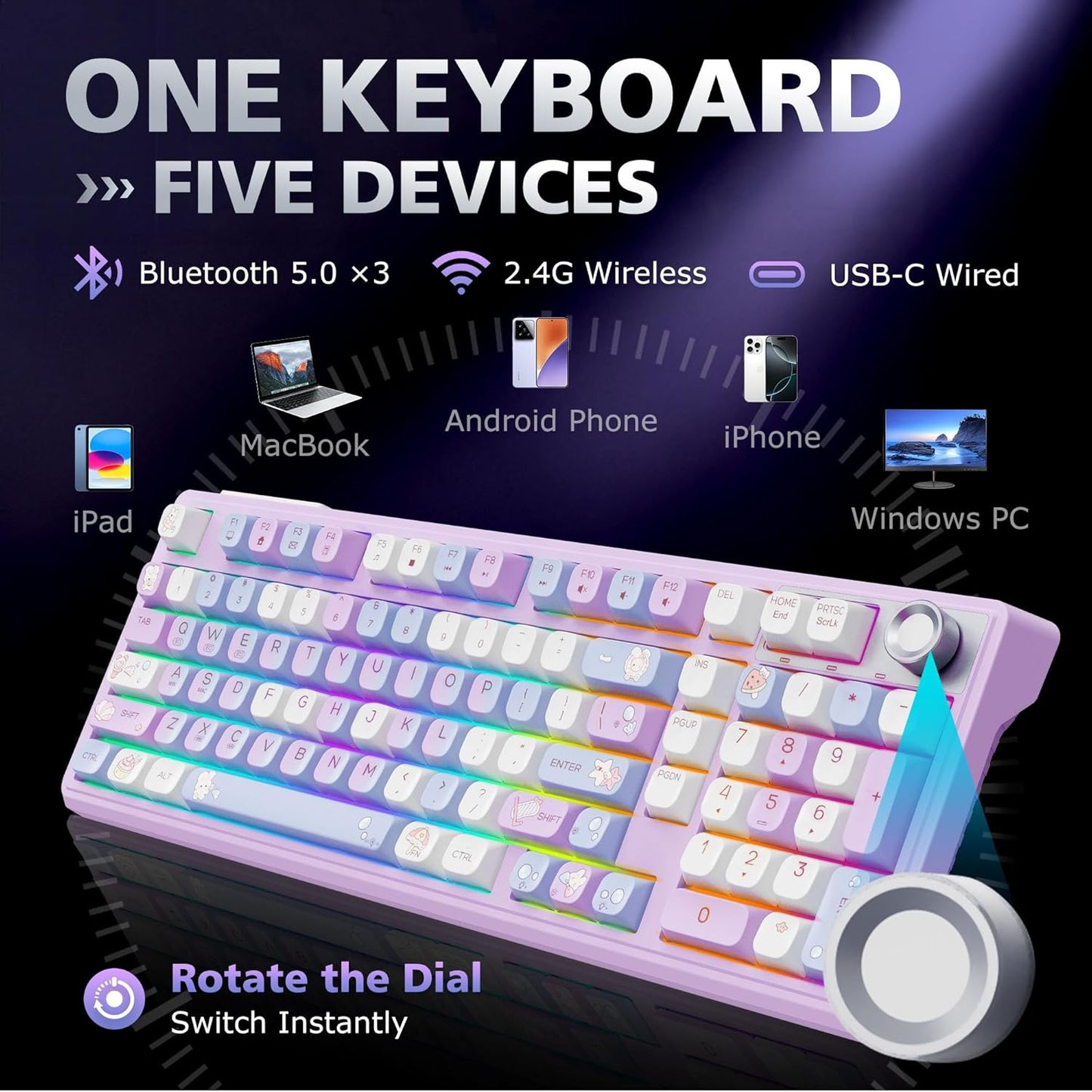 F98 Creamy Keyboard with Number pad, Hot Swappable Wireless Mechanical Keyboard with Knob, RGB Backlit Thocky Pink Keyboard BT 5.0/2.4G/USB-C for Mac, Laptop, PC Gaming Keyboard