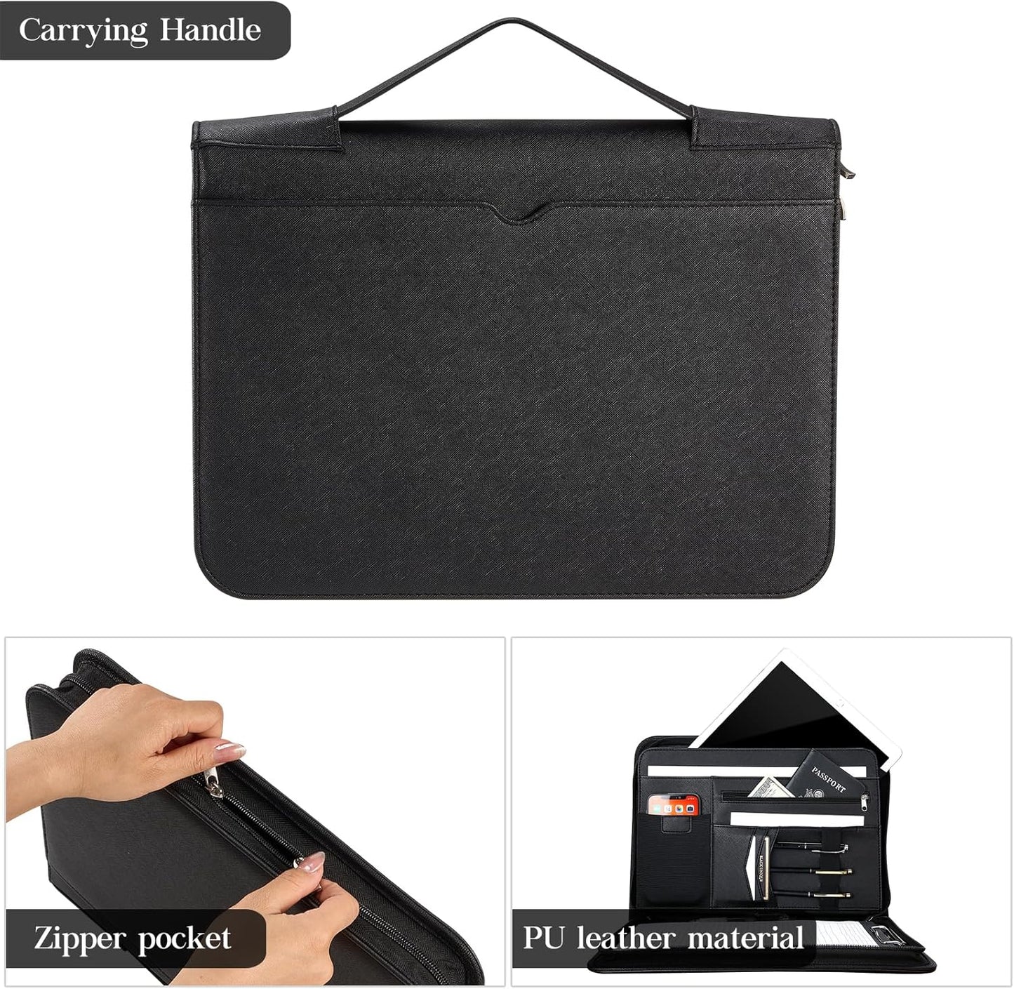 ProCase Portfolio Business Padfolio Folder with Handle and Zipper, Conference Meeting Executive File Legal Document Organizer with Pockets Letter Size A4 Writing Pad Notepad Padfolio -Allblack