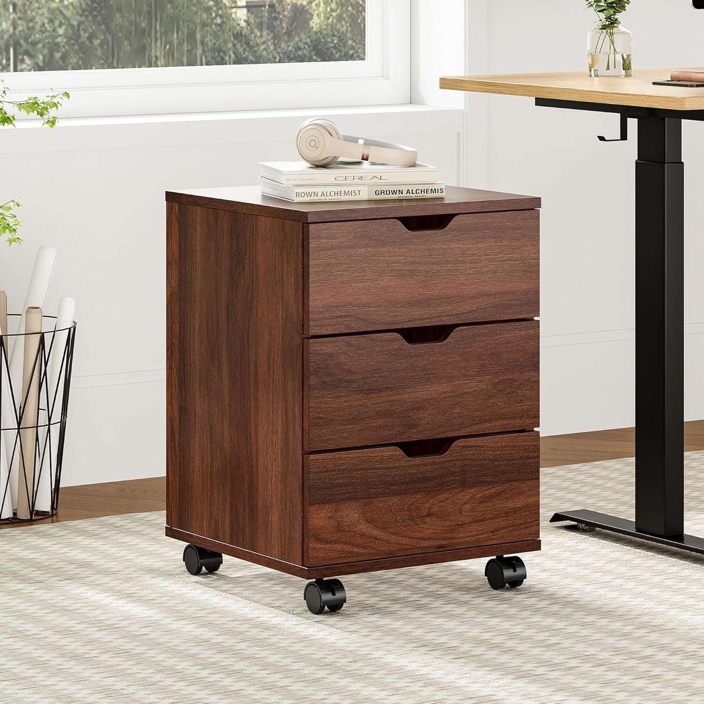 Farini 3-Drawer Under Desk Wooden File Storage Cabinet with Lockable Caster for Home Office,Brown,Required Assembly