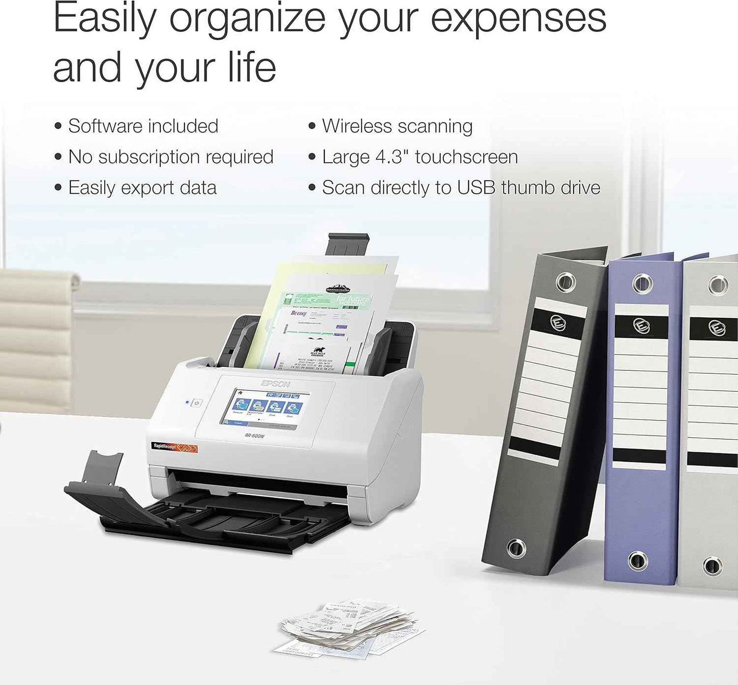 Epson RapidReceipt RR-600W Wireless Desktop Color Duplex Receipt and Document Scanner with Receipt Management Software, Touchscreen and Auto Document Feeder. Full 1-Year Limited Warranty (Renewed)