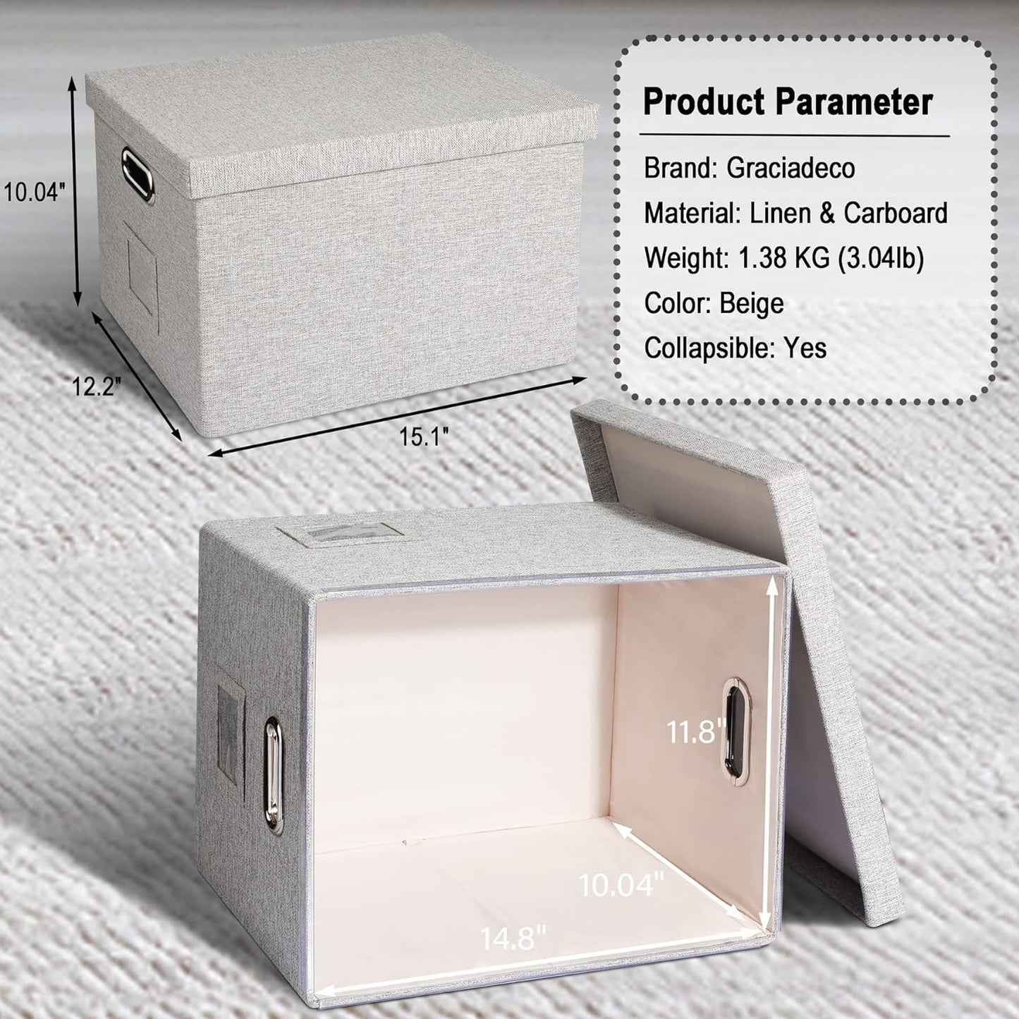 File Organizer Box, Collapsible Storage Filling Collectior with Lid for Letter Legal Size Hanging Folders Decorative Linen File Folder Box Document Storage Filing Bin, Beige 2 Pack