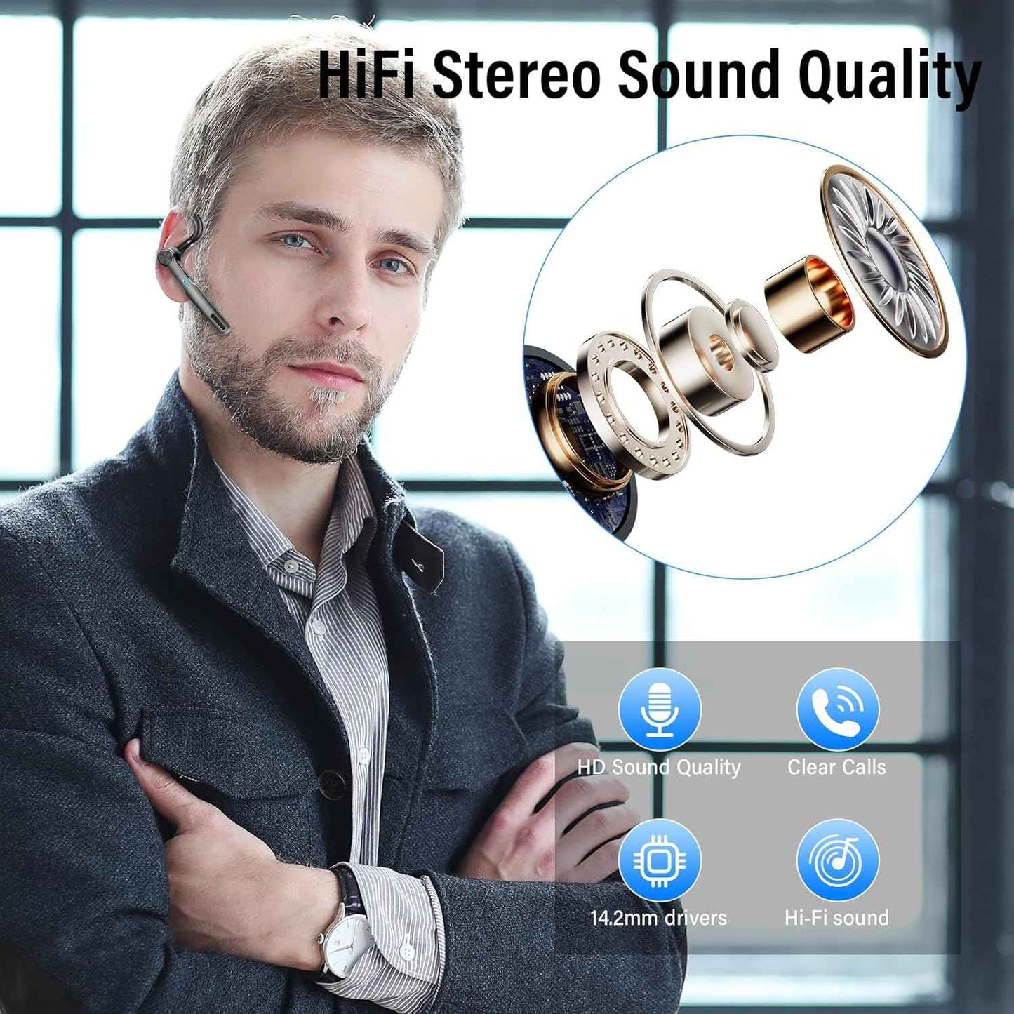 Bluetooth Headset, Wireless Earpiece with ENC Microphone, Single-Ear Bluetooth Earpiece V5.3 with Earhook, 60H Talktime, IP7 Waterproof Hands Free Earphones for for Business/Office, Carbon Black