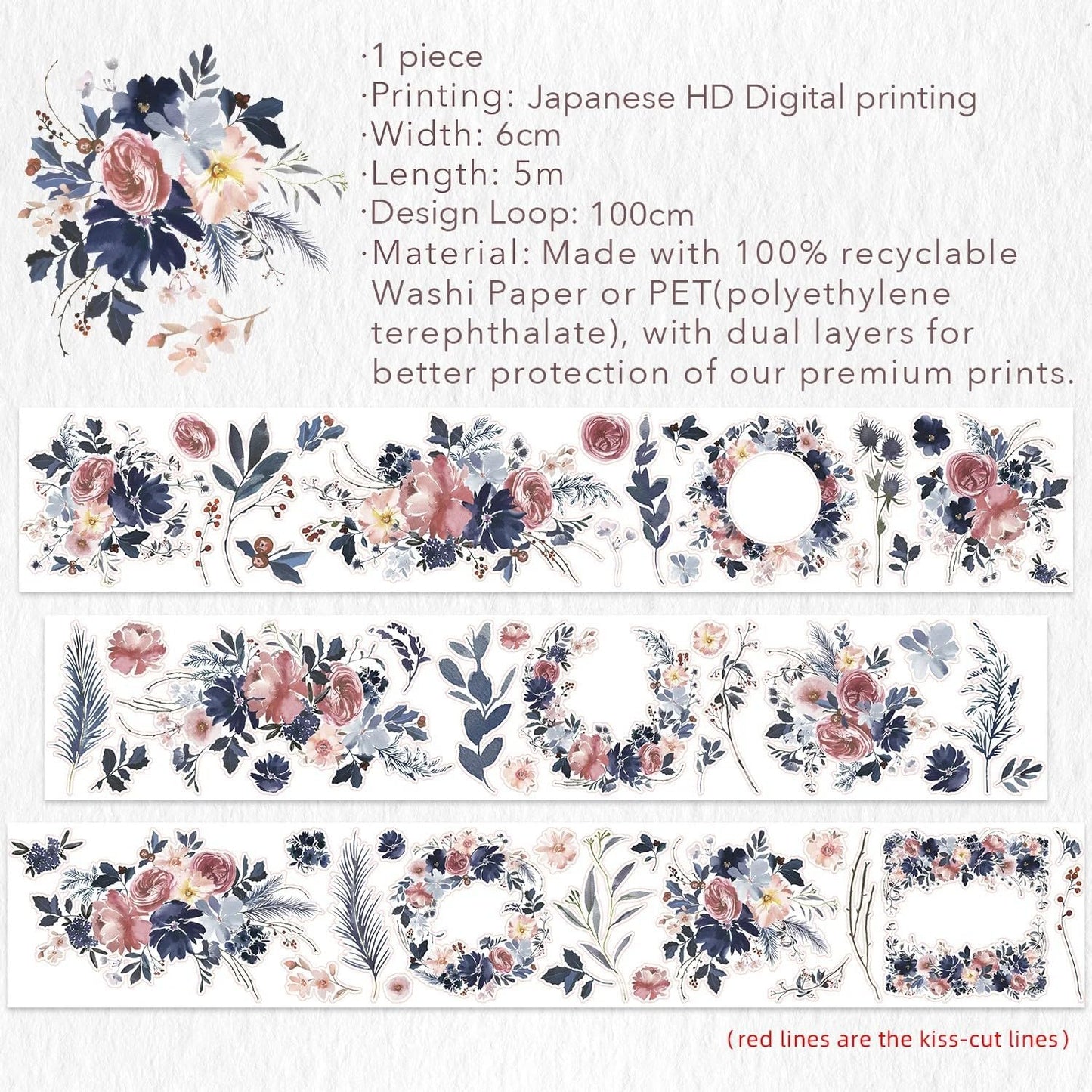 WT Pre-Cut Frosty Rose Wide Washi Tape, Single Roll, Original Designs, Floral Decorative Tape, 60mm Wide, Washi Tape for Journaling, Bujo Planner Supplies, DIY Paper Tapes