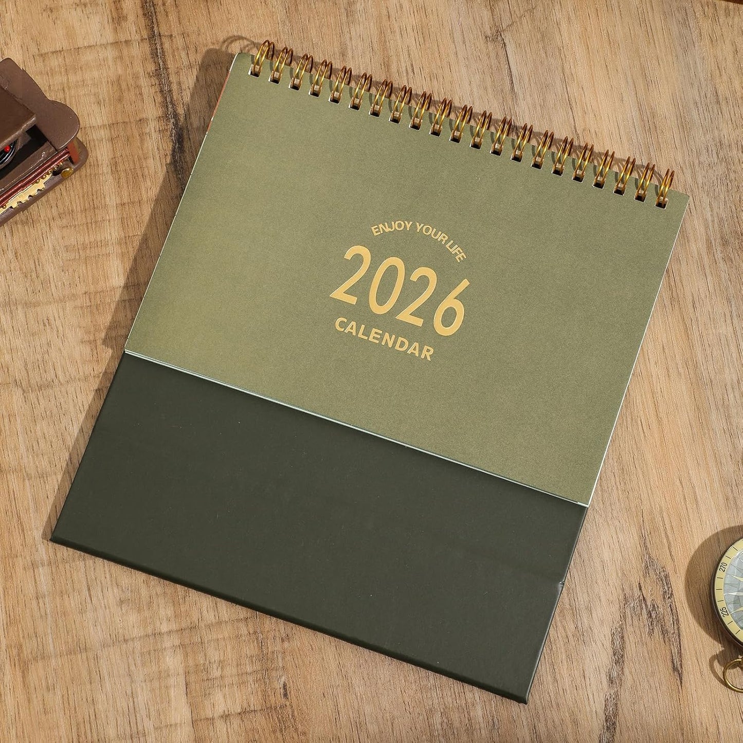 Small Desk Calendar 2025-2026, Standing Flip Desktop Calendar from July 2025 to Dec 2026 - Metal Ring Twin-Wire Binding Monthly Desktop Calendar for Home Office School (Green)