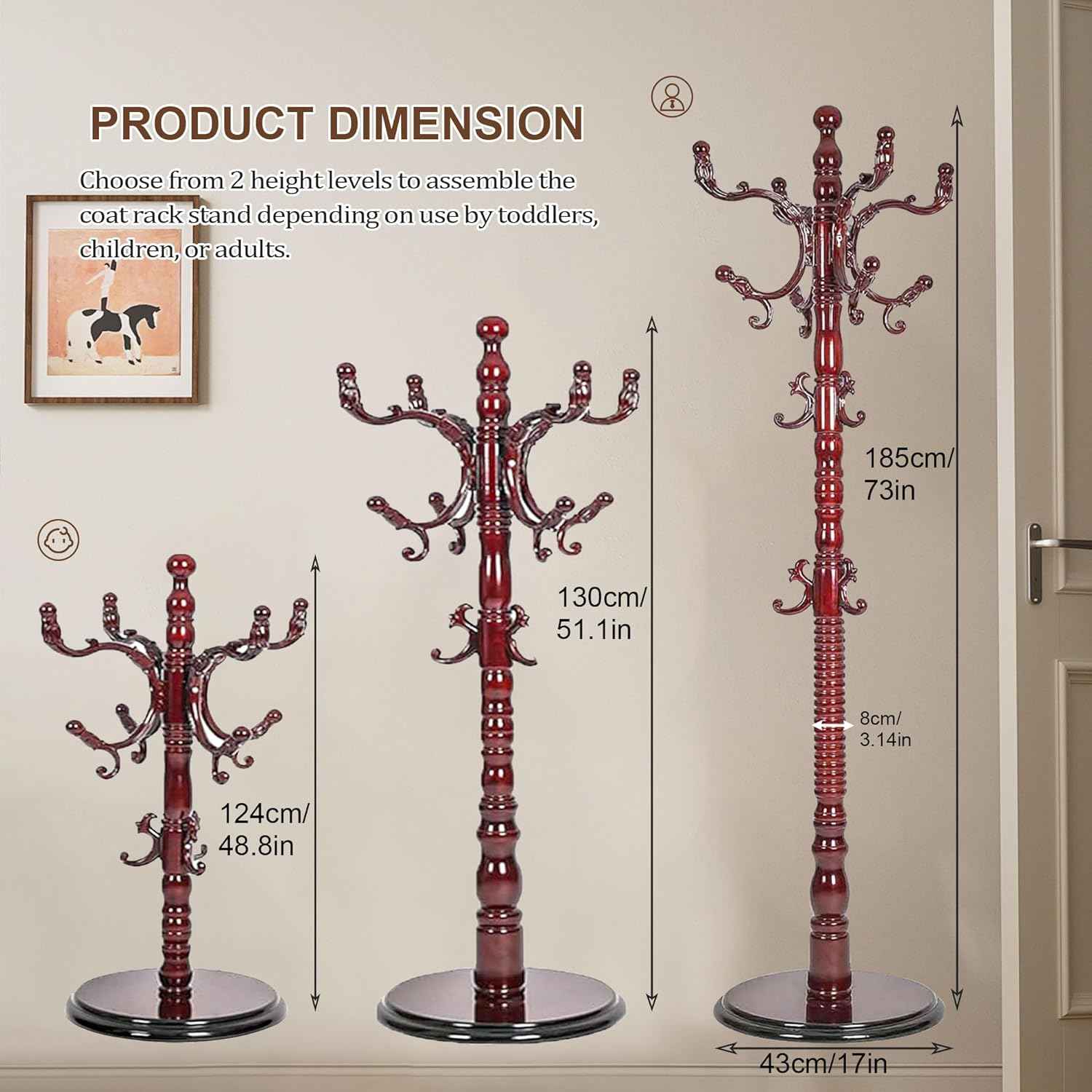 Wooden Coat Rack Freestanding with 18 Hooks, Adjustable Height Coat Tree Free Standing Heavy Duty for Entryway, Easy Assembly Solid Wood Sturdy Coat Hats Hanger Stand for Office Hallway Bedroom