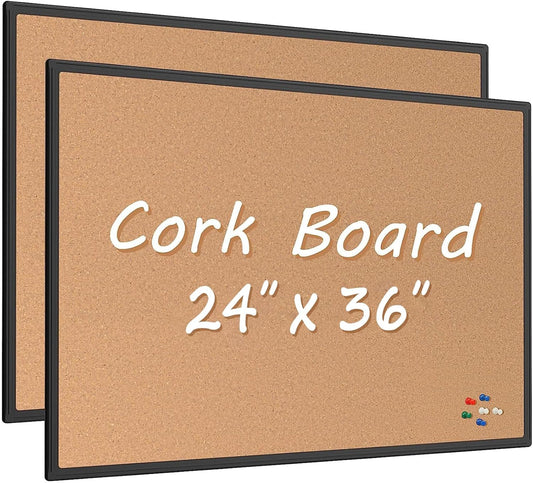 Board2by 2-Pack Cork Board Bulletin Board 24 x 36, Black Aluminium Framed 2 x 3 Corkboard, Office Board for Wall Cork, Large Wall Mounted Notice Pin Board with 32 Push Pins for School, Home & Office - Lumora Desk