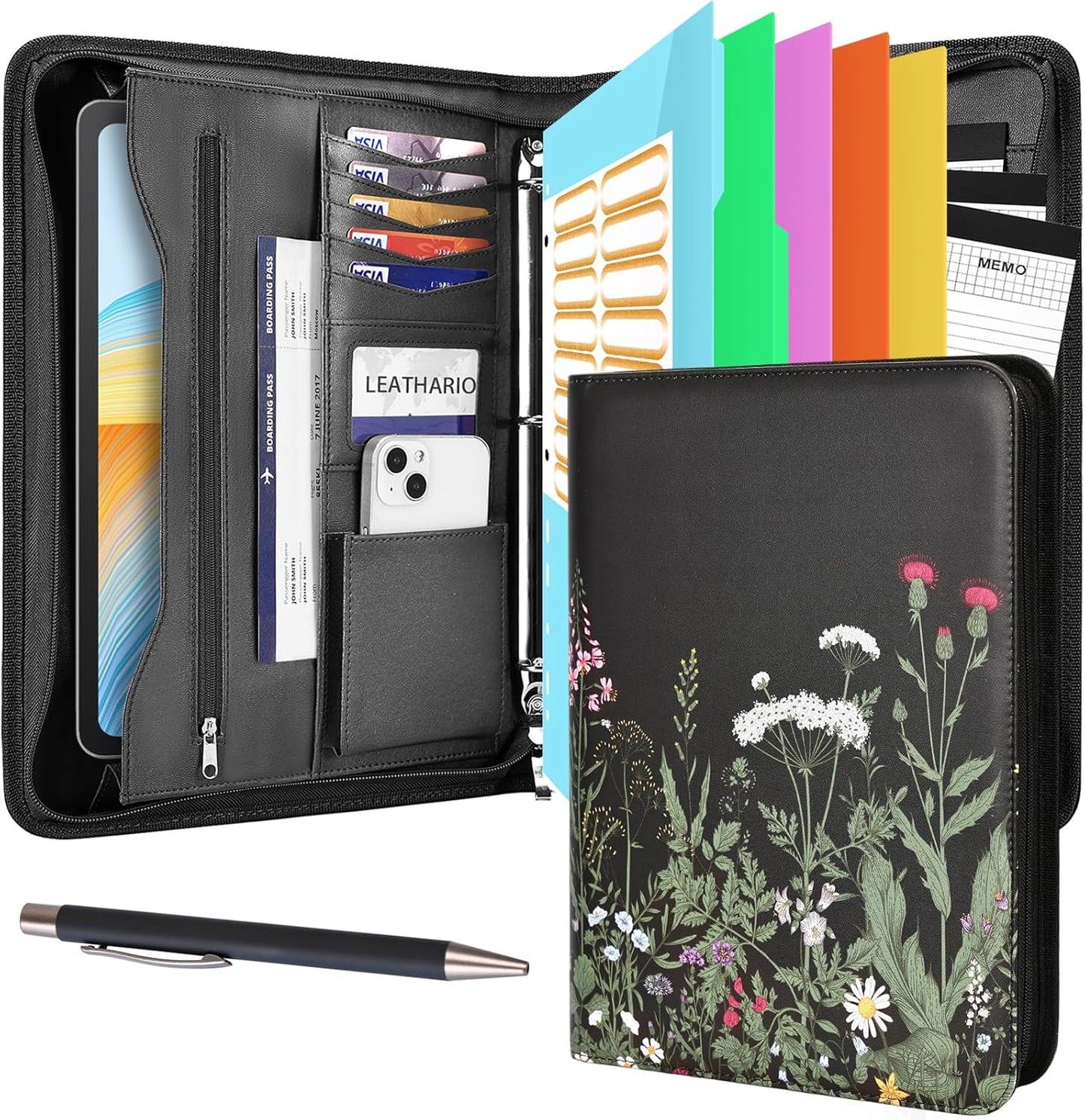 Leathario Portfolio Binder, Includes 5 Folder Index Dividers and 3 Notepads, 3-Ring Folder Organizer, Padfolio with Zipper, Vegan Leather Tablet Sleeve, Business Office Conference Clipboards