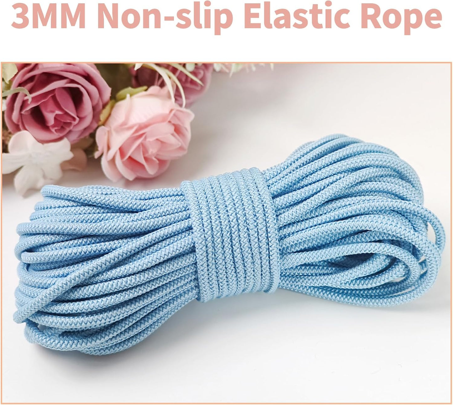 1/8 inch Non-Slip Elastic Band -3mm 15 Yards Soft Elastic Cord Stretch String Braided Thread for Sports Gear, DIY Crafts, Hair Bands, Shoelaces,Apparel Making & Camping Tie Down (Light Blue)