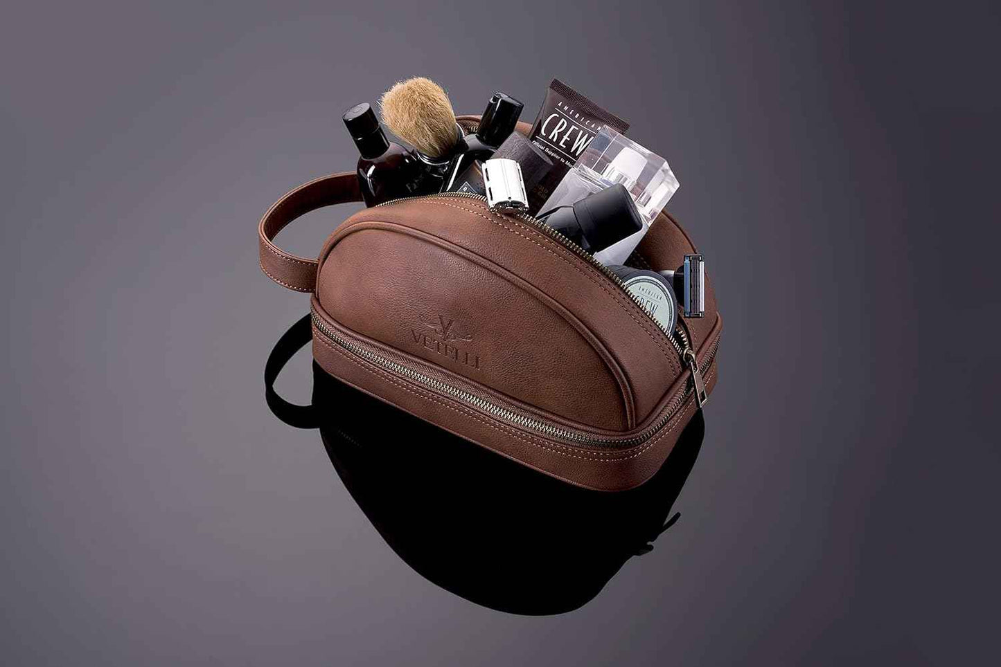 Vetell Classic Leather Men's Travel Toiletry Bag and Dopp Kit with Upper and Lower Zippered Compartments, 2 Mesh Bottle Pouches and Carrying Handle