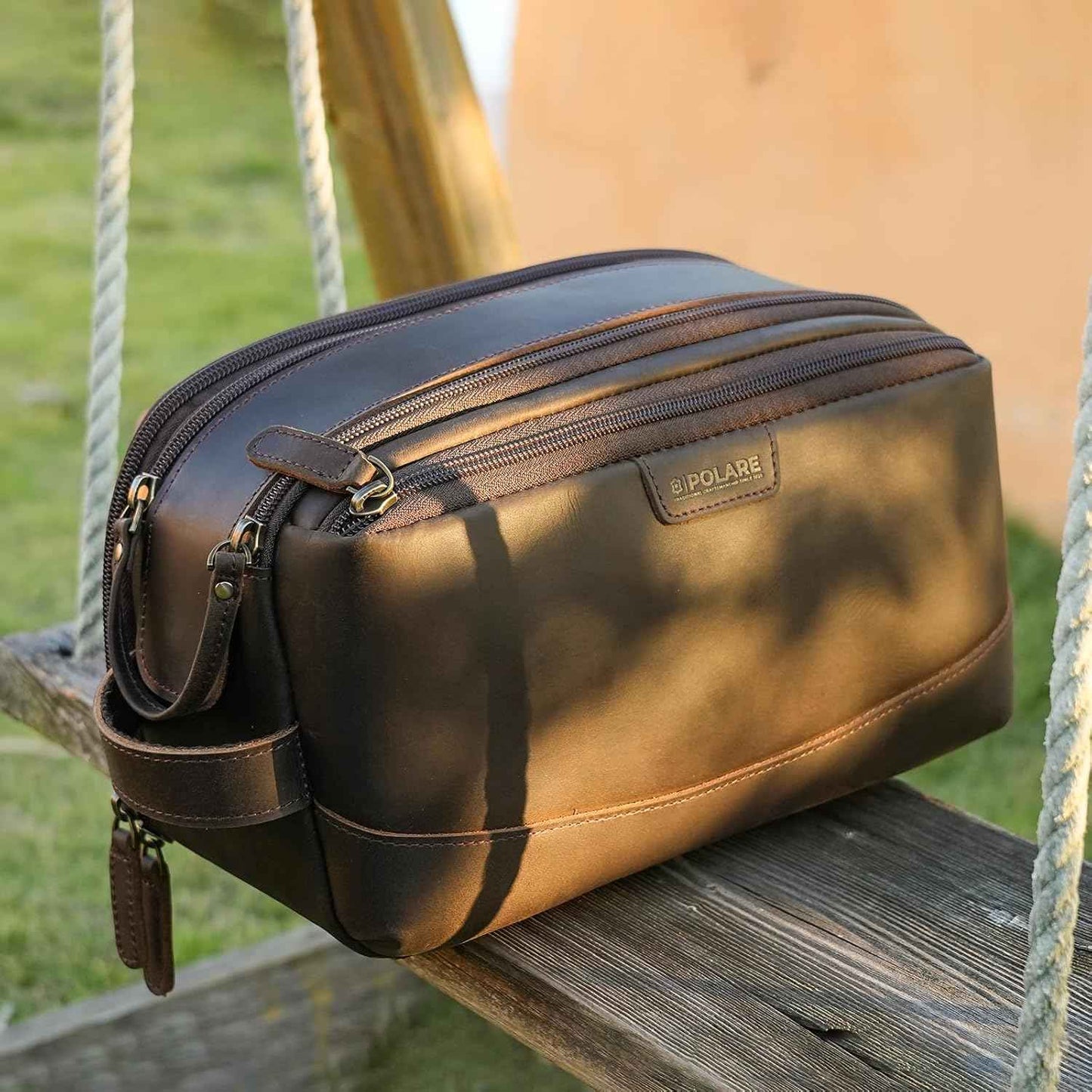 Polare Full Grain Leather Toiletry Bag for Men Large Travel Cosmetic Case Dopp Kit Shaving Kit Wash Pouch with YKK Zippers