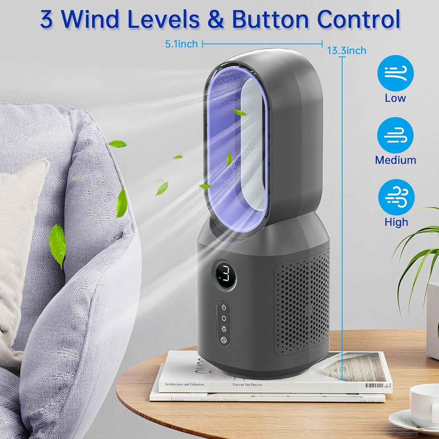 Desk Fan,13 Inch Portable Bladeless Fan, Small Quiet Office Fan with 106° Oscillating, 3 Speeds & Night light, LED Display,Button Control, Personal Battery Operated Table Fan for Bedroom, Office, Home