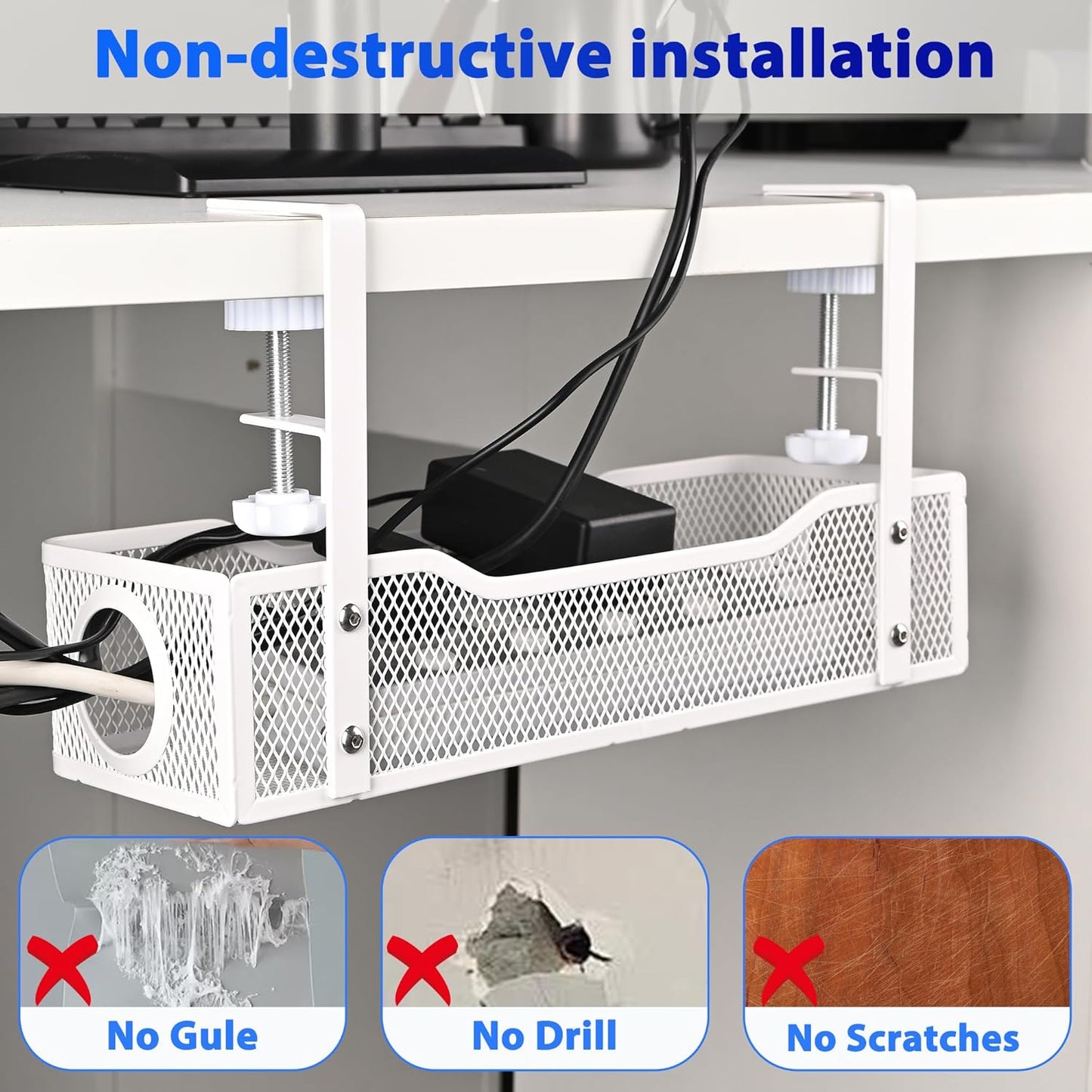 Clamp-On Under Desk Cable Management Tray – No Drill Metal Cord Organizer for Power Strips & Wires – Easy to Install Under Table Cable Holder (White)