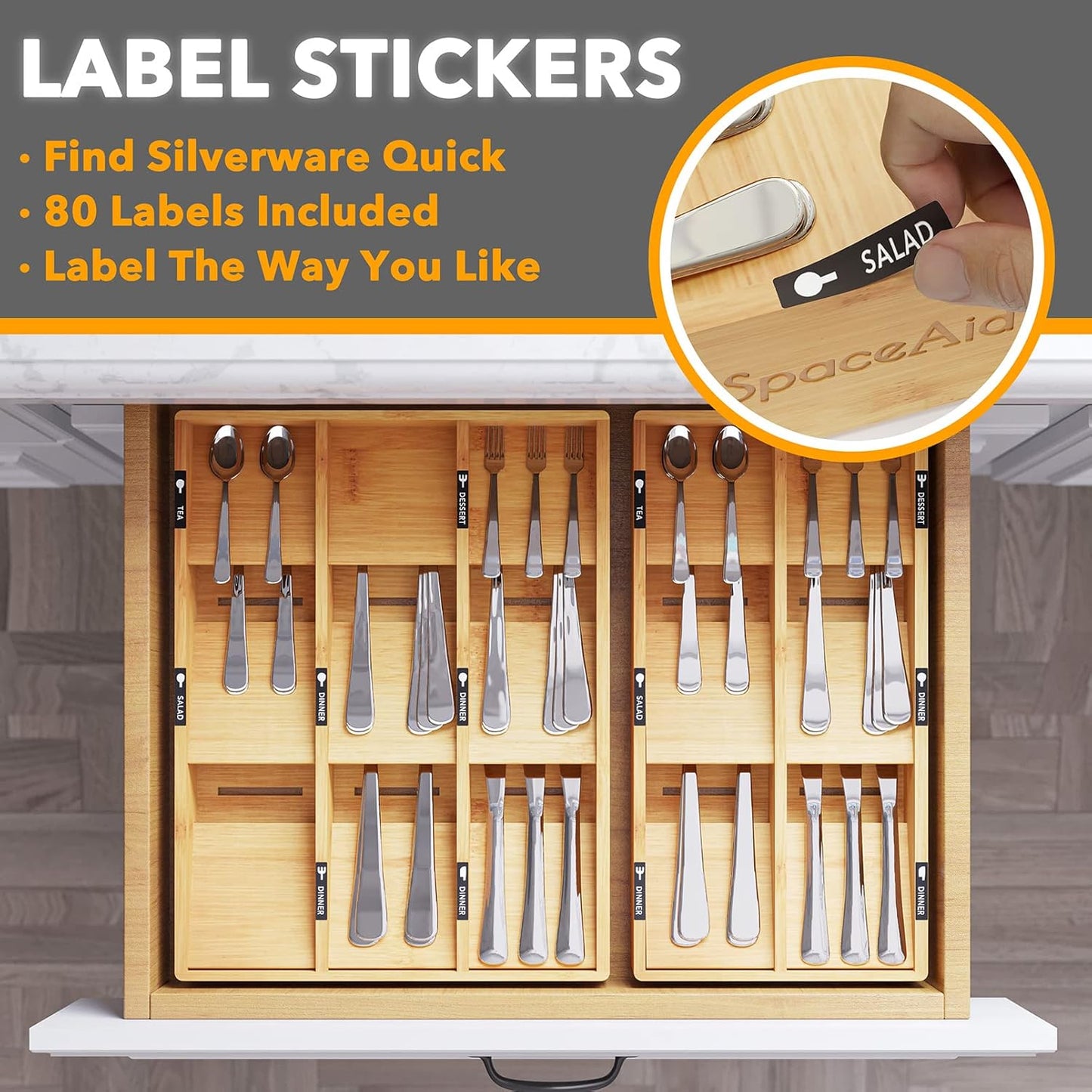 SpaceAid Bamboo Silverware Drawer Organizer (Need 3" Deep Drawer), Kitchen Utensil Tray Holder Organizer for Flatware, Cutlery, Spoon and Knives Storage Organization (9 Slots)