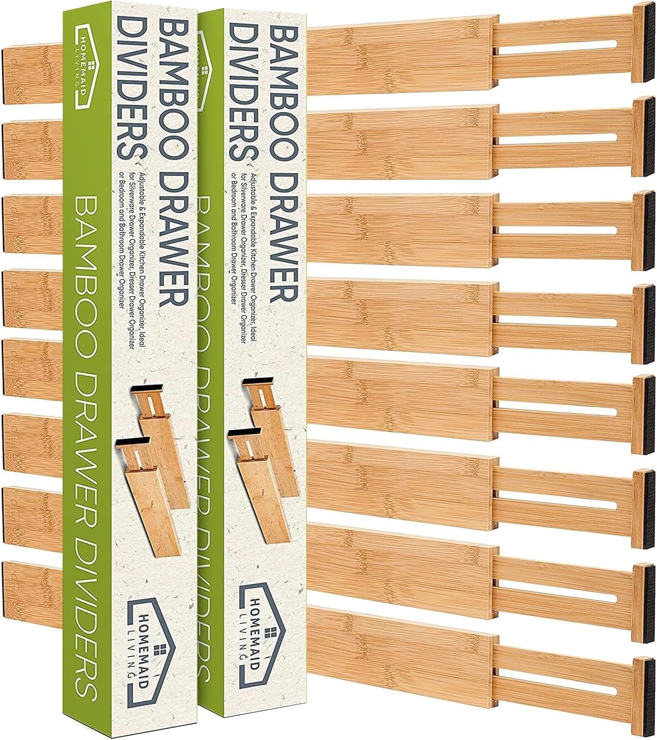Bamboo Drawer Dividers Adjustable & Expandable, Kitchen Drawer Organizer, Ideal for Silverware, Dresser Drawers Organizer or Bedroom & Bathroom Drawers Organizers (8pk)