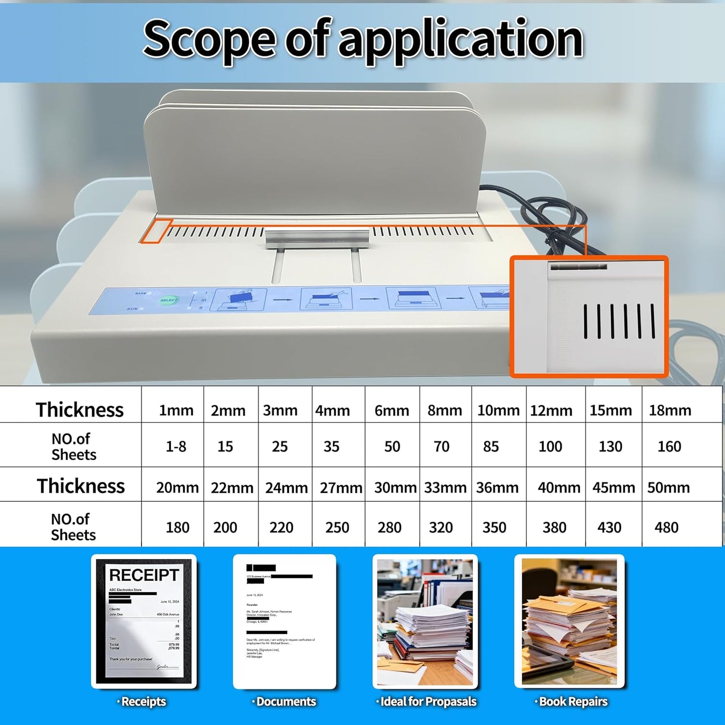 Thermal Binding Machine, 500 Sheets Capacity 50mm Thickness - 110V Hot Melt Binder Compatible with A3(Short Edge)/A4/A5/A6 Documents