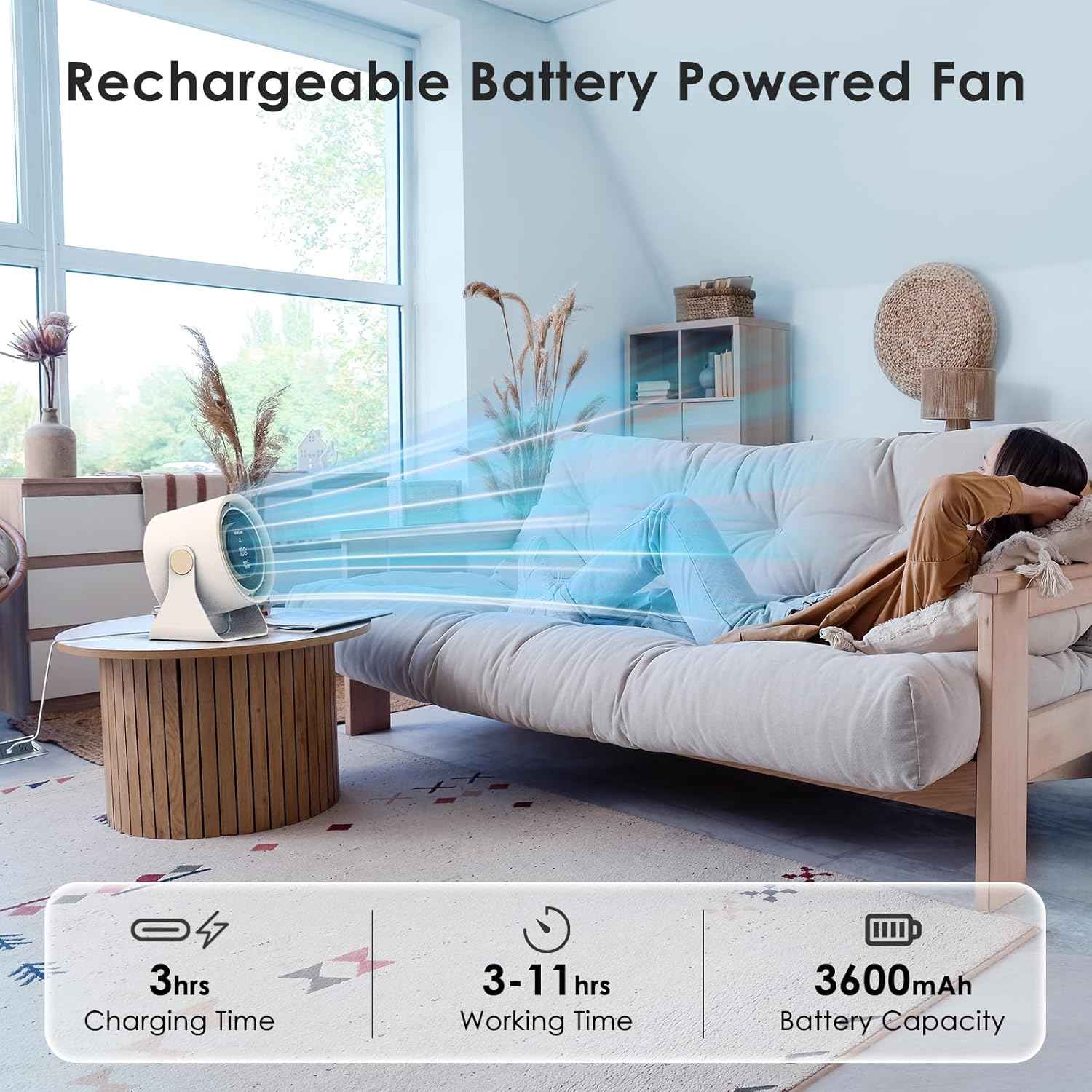 Minthouz Desk Fan - Touch Control LED Display, Premium USB Fans 3600mAh Rechargeable Battery, 6 Speeds, 90° Tilting - Portable for Home, Office, Travel, Camping, Kitchen (Beige)