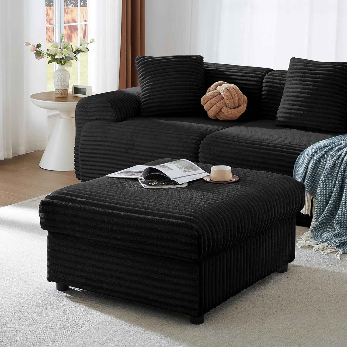 35" Corduroy Ottoman with Storage, Oversized Storage Ottoman for Living Room, Large Square Ottoman for Sofa Couch, Black