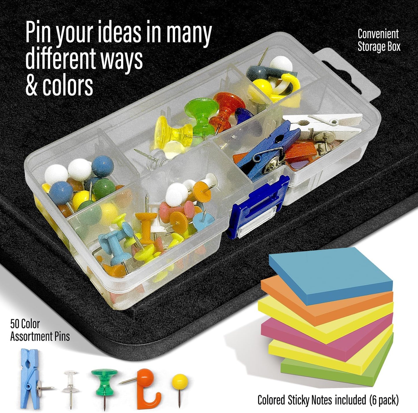 Large Bulletin Board 36 x 18 Inches - Foldable Felt Bulletin Board for Wall, Cork Board Alternative with 50 Color Pins & 6 Note Pads, Vision Board - Black