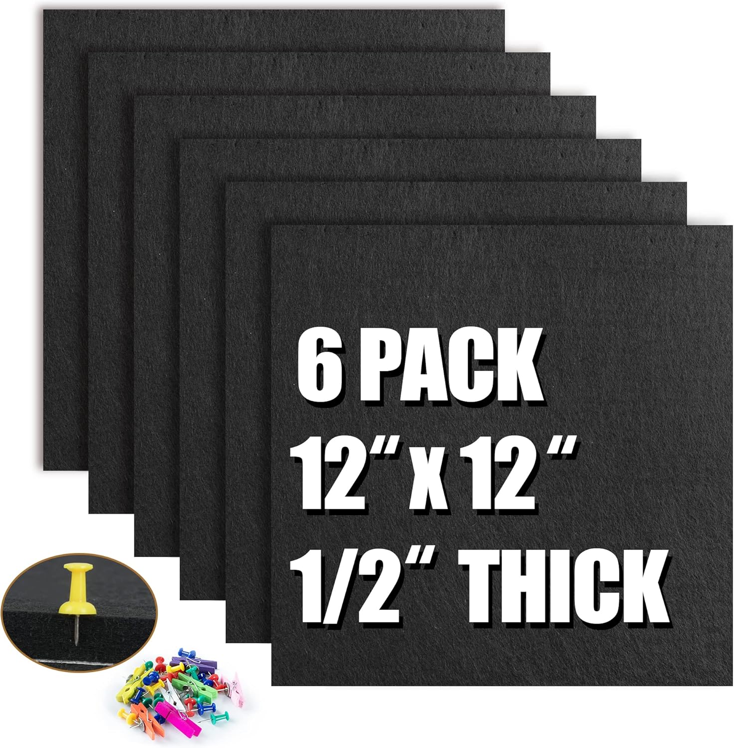 AKTOP Cork Board Bulletin Board 12x12, 1/2" Thick Felt Cork Board Tiles 6 Pack, Small Square Pin Board for Wall, Self Adhesive Corkboards with 60 Push Pin Wood Clips for School, Home & Office, Black - Lumora Desk