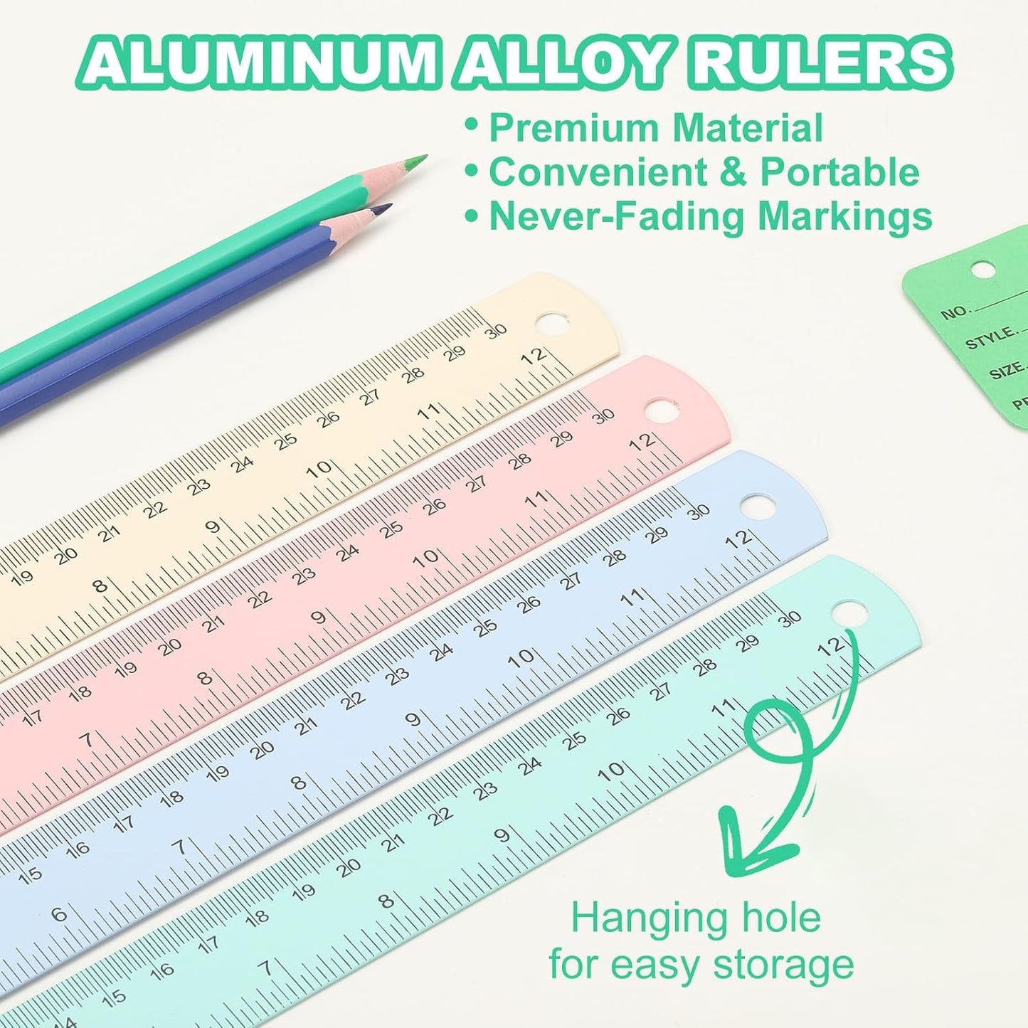 PATIKIL 30cm/12 Metal Ruler, 2 Pack Aluminum Alloy Rulers with Centimeters, Millimeters, Inches and Conversion Table Straight Edge Ruler for Writing Machinist Drafting, Blue Green