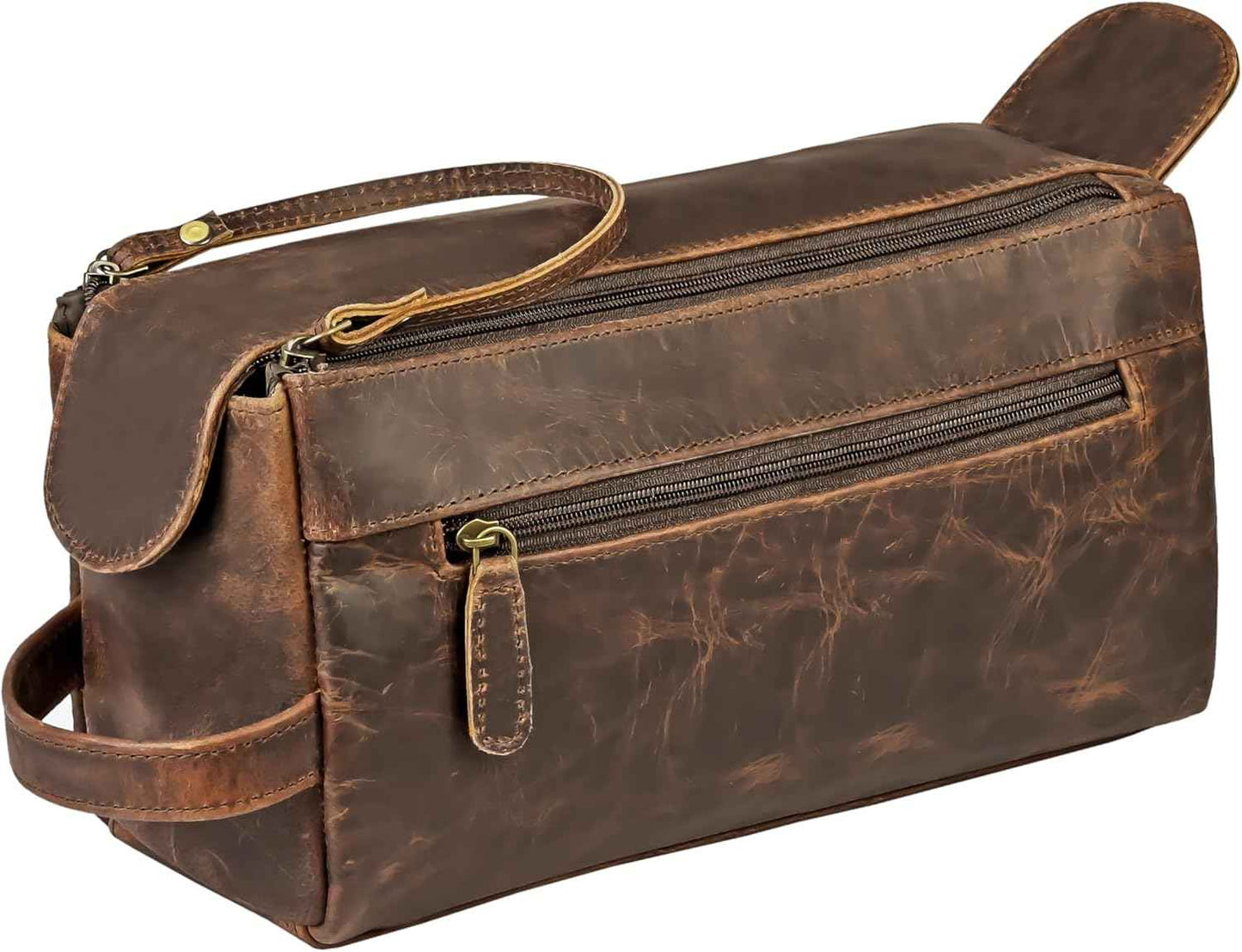 Genuine Leather Toiletry Bag Pouch For Men, Vintage Dopp-Kit For Shaving, Travel, Cosmetics And Toiletries, Stylish Organizer, Best Gift For Men By Shifaa Handicraft (Brown)