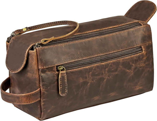 Genuine Leather Toiletry Bag Pouch For Men, Vintage Dopp-Kit For Shaving, Travel, Cosmetics And Toiletries, Stylish Organizer, Best Gift For Men By Shifaa Handicraft (Brown)