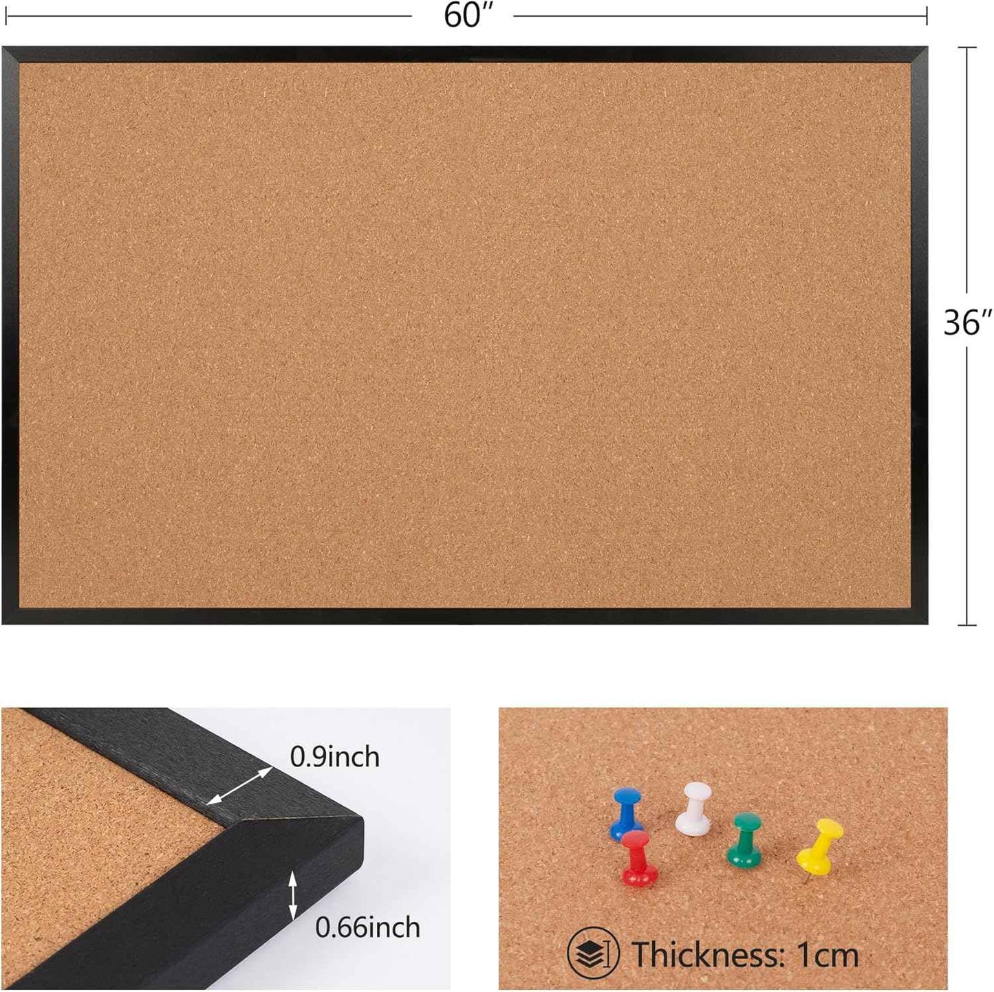Extra Large Cork Bulletin Board 60" X 36", Black Wood Framed Corkboard for Wall, Wall Mounted Notice Pin Board with 18 Push Pins