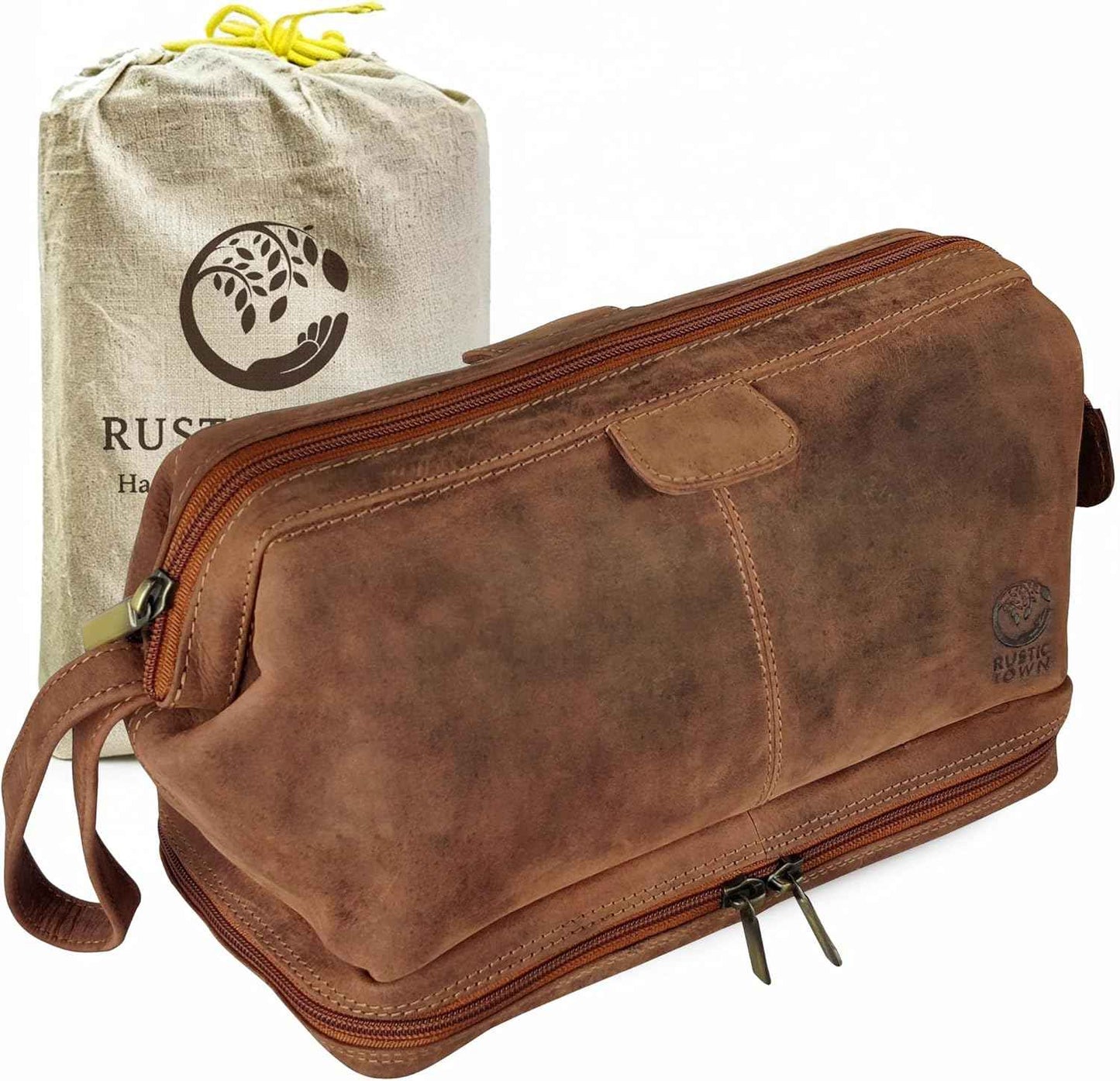 RUSTIC TOWN Leather Toiletry Bag for Men - Travel Gift Shaving Ditty Kit - Bathroom Shower Toiletries Organizer - Cosmetic Makeup Bag for Women