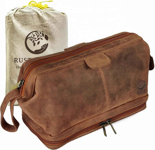 RUSTIC TOWN Leather Toiletry Bag for Men - Travel Gift Shaving Ditty Kit - Bathroom Shower Toiletries Organizer - Cosmetic Makeup Bag for Women