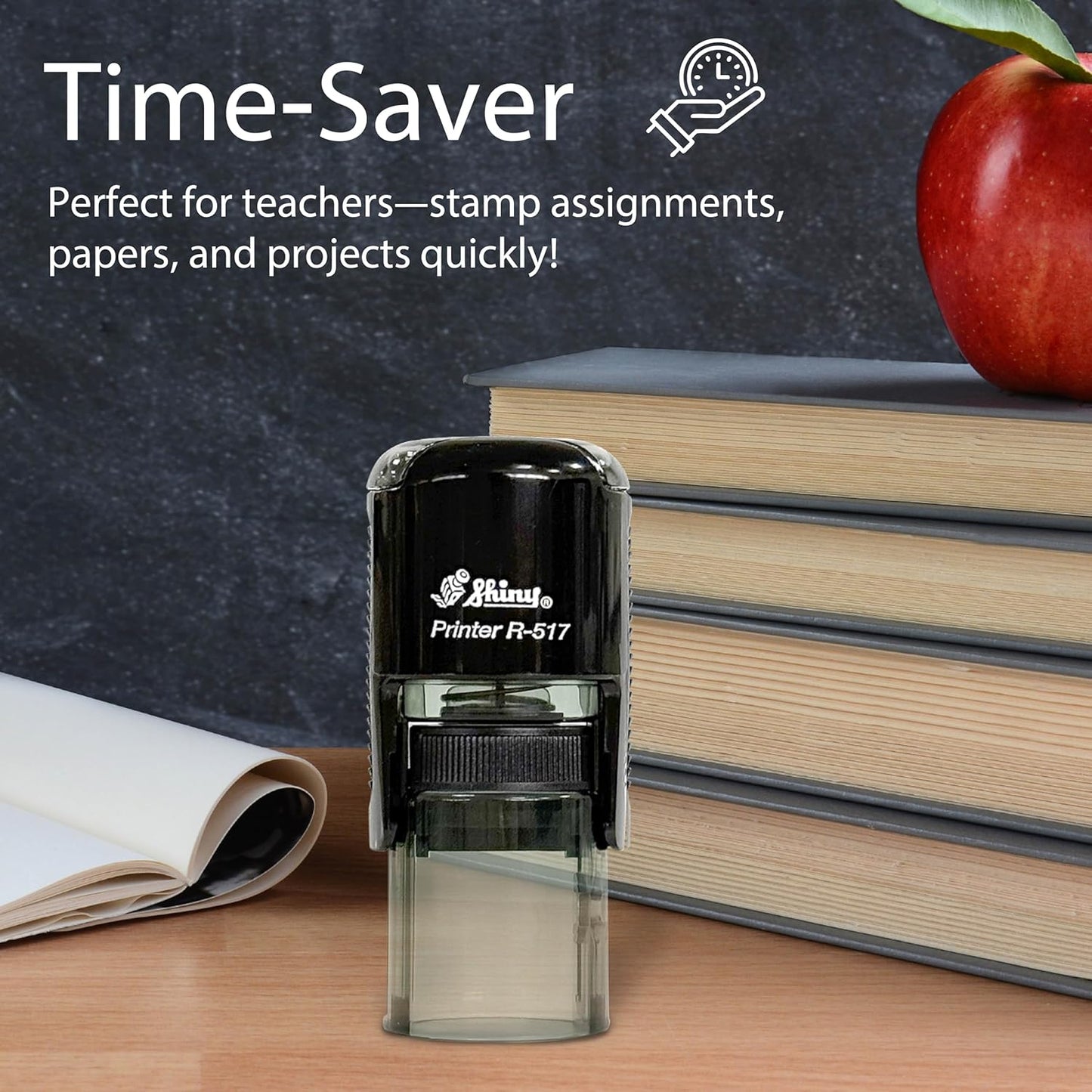 Shiny Ribbon Teacher Stamp, Round Self Inking Stamp for Classroom, Blue Ink