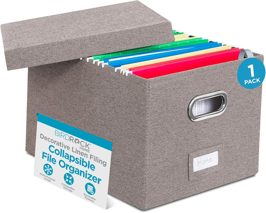 Internet's Best Collapsible File Box Storage Organizer with Lid - Decorative Linen Filing & Storage Office Boxes – Hanging Letter/Legal Folder – Home Office Bins Cabinet – Grey Container - 1 Pack