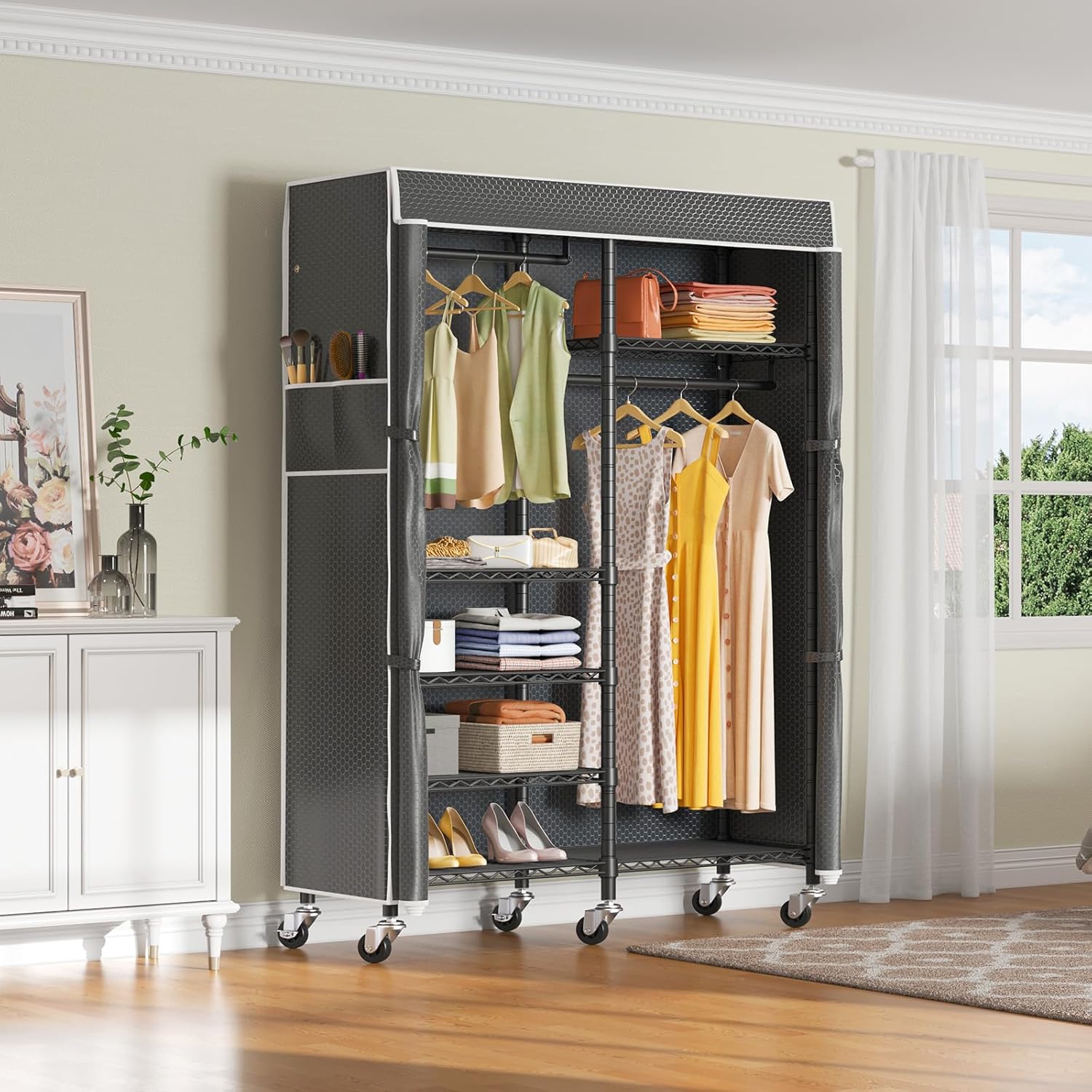 VIPEK R4C Portable Closet Rolling Clothes Rack Heavy Duty Adjustable Wardrobe Metal Garment Racks with Lockable Wheels Black Clothing Rack with Black Upgraded Polyester Cover, Max Load 620lbs - Lumora Desk