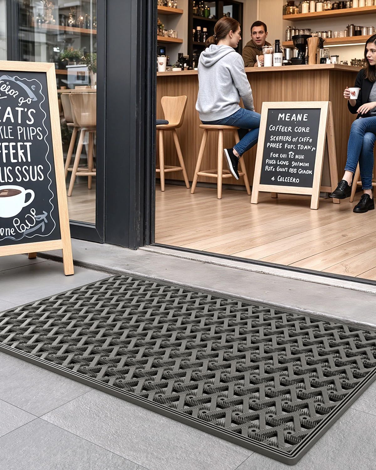 DEXI Front Door Mat Outside Entrance Rubber 32x48, Welcome Floor Doormat Heavy Duty Non Slip, Dirt Trapper Waterproof Exterior Entry Mats All Weather for Patio Entryway Drainage, Grey