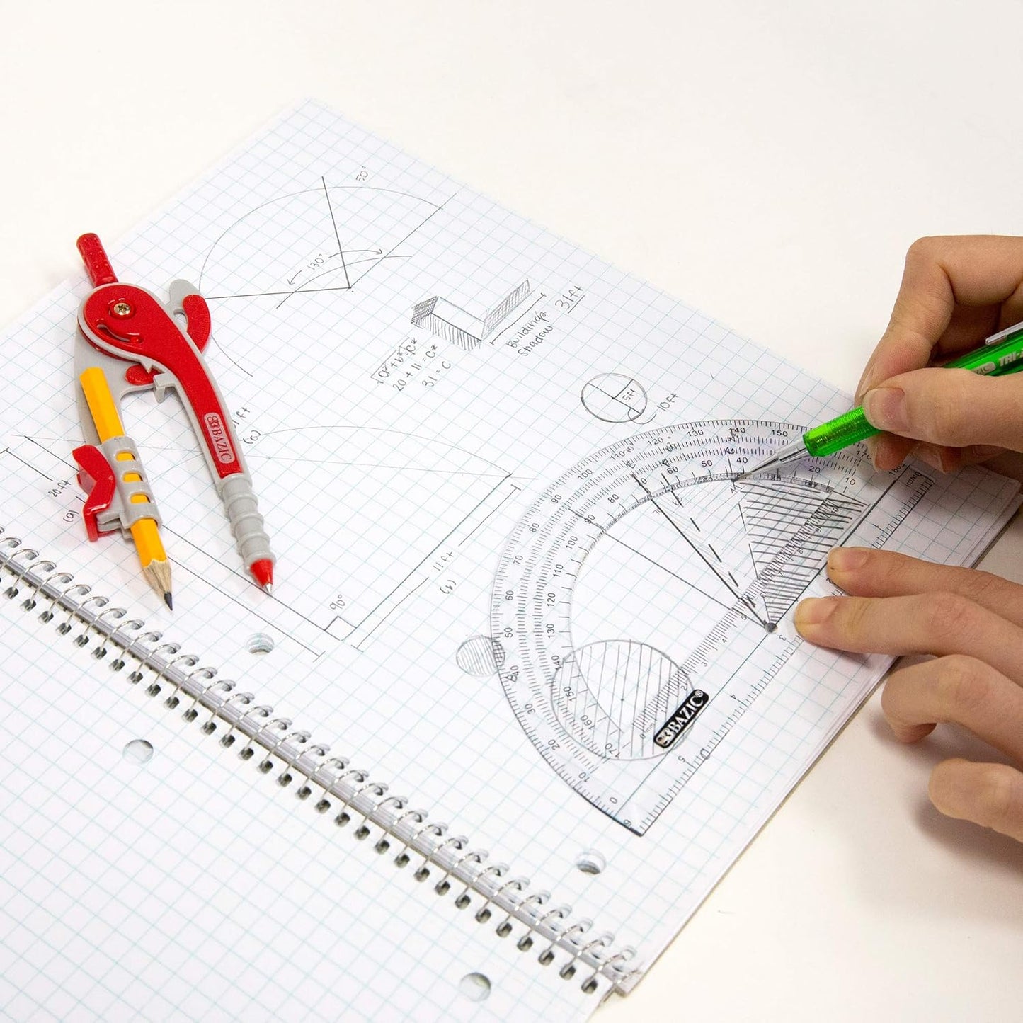 BAZIC Geometry Math Compass Set w/Scale-Arm, 6" Protractor, & HB Wood Pencil, Inch Centimeter, Mathematical Drafting Drawing Tool for Student, 24-Pack