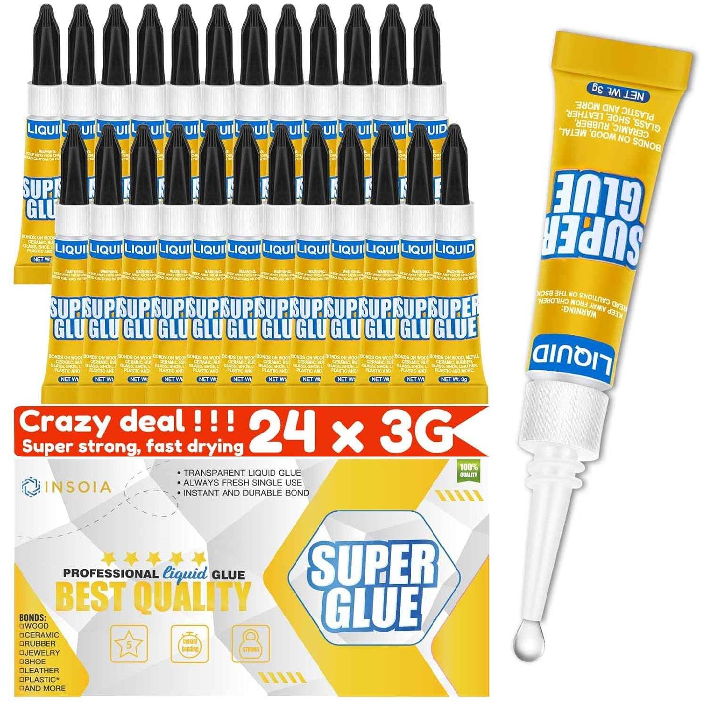 Super Glue Liquid Clear, 24 X 3g All Purpose Strong Adhesive Ca Glue Cyanoacrylate Quick Dry Instant Glue for Plastic, Metal, Ceramic, Shoe, Wood, Leather, Model, Rhinestone, Jewelry and DIY Crafts