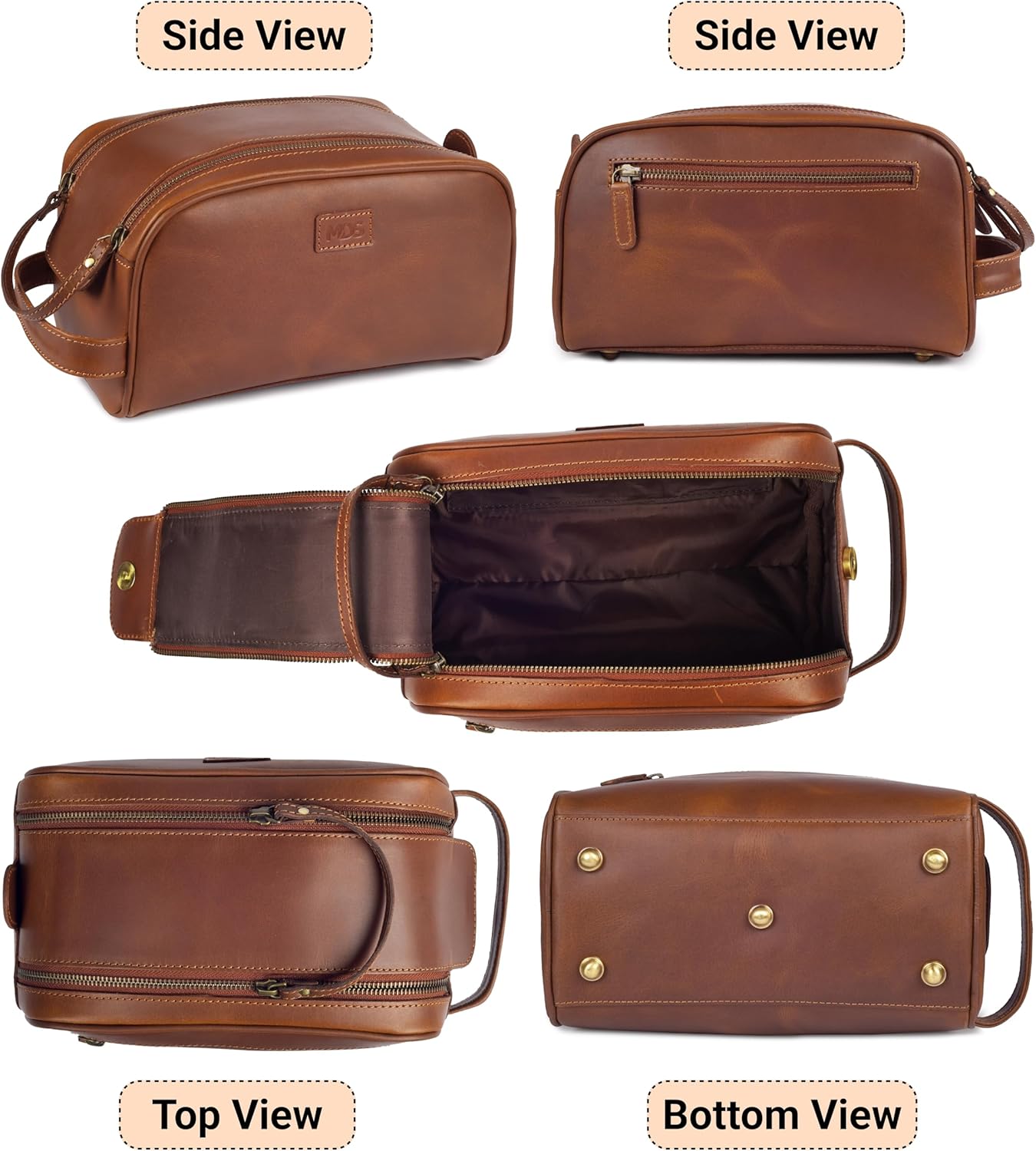 MDS® Genuine Leather Toiletry Bag for Men - Unisex Rustic Classic Vintage Handcrafted Full-Grain Leather Travel Dopp Kit with Waterproof Lining & Handle, Shaving & Grooming Kit Organizer Pouch, Tan