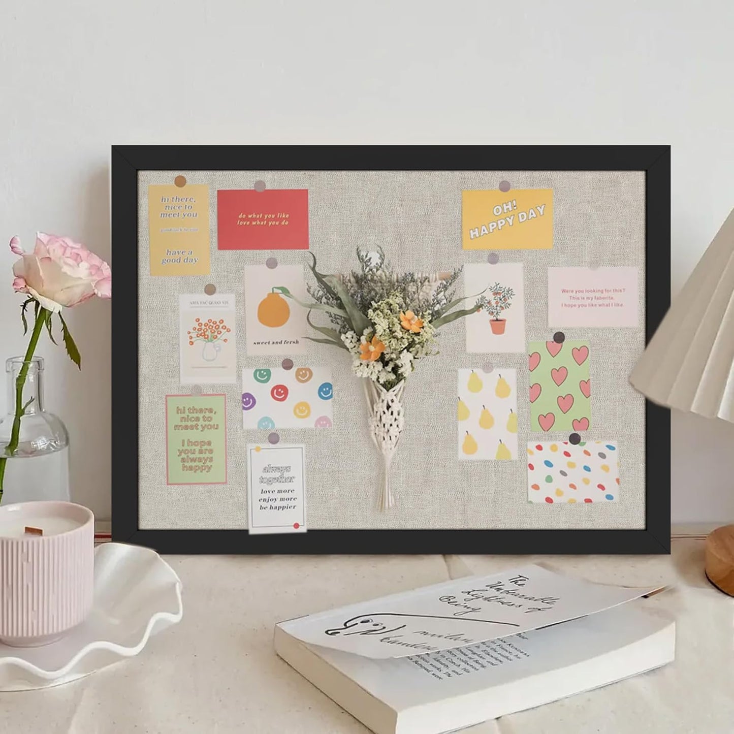 Cork Board Bulletin Board 16.7" x 11", Small Linen Corkboards with Frame for Walls, Cute Picture Display Pin Board Vision Board for Room School Office Bedroom 8 Pushpins Vintage Black - Lumora Desk